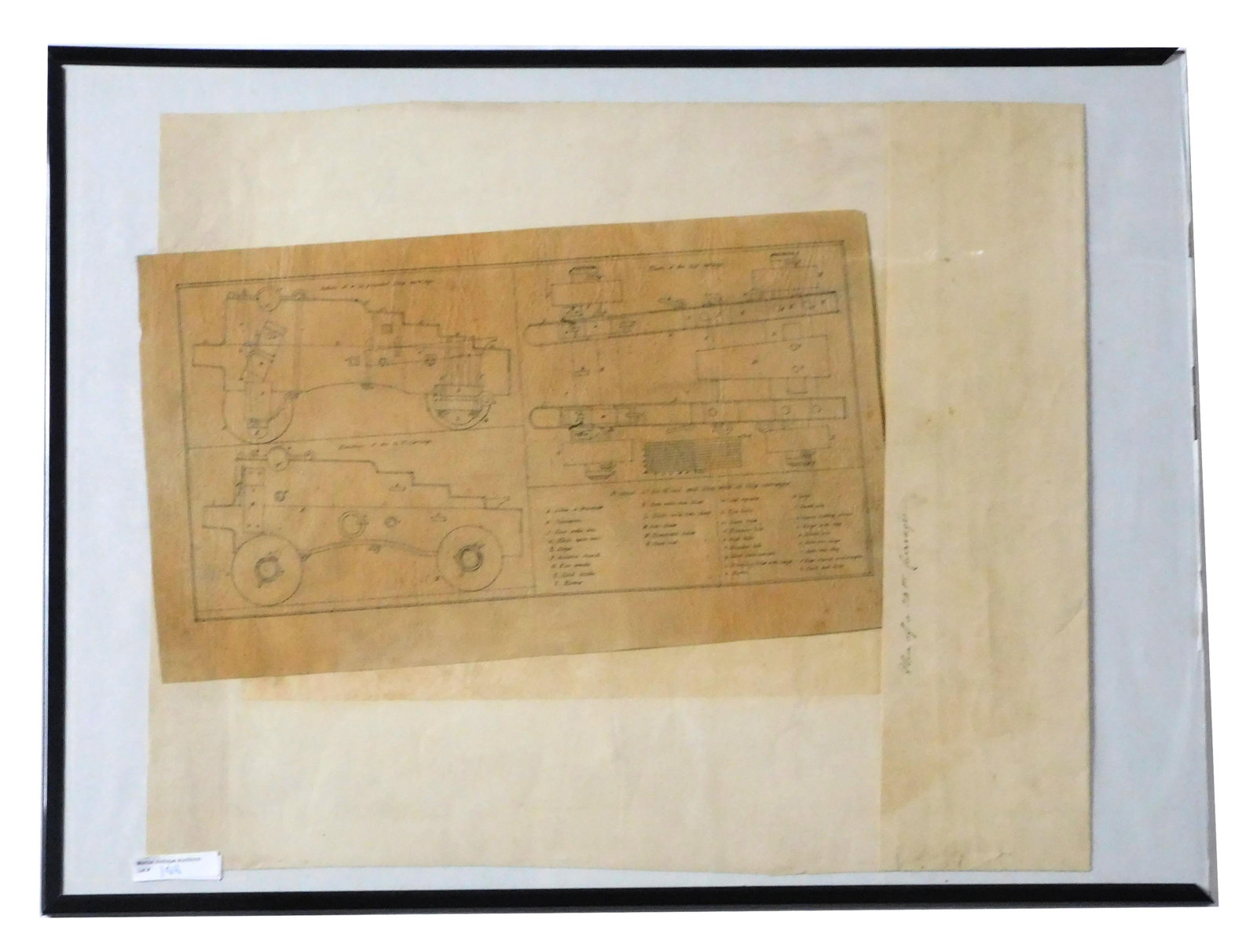 Naval Plan of 24 Pounder Gun Carriage: Early 19th century with hand drawn key identifying all the elements of the carriage. Finely drawn on thin paper and loosely backed with heavy weight paper. Title on reverse: "Plan of a 24 pr. Carriage