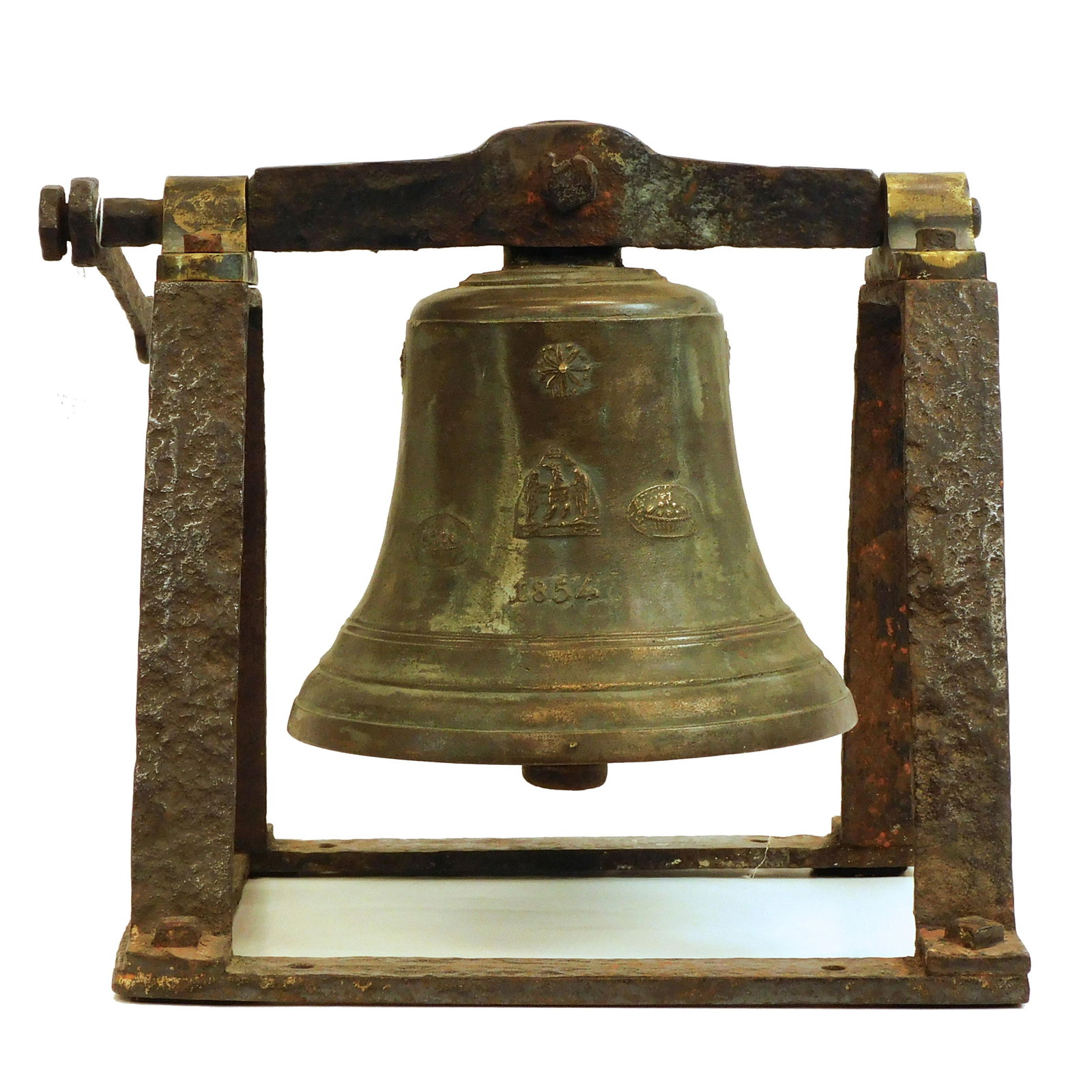 Bronze Tower Bell: Dated 1854. Highly decorated casting with stars, flower bursts and baskets of fruit. One side is a spread wing eagle wearing a crown. Opposite side reads foundry name: "J. Cumbern Morteau". 15 1/2" hi