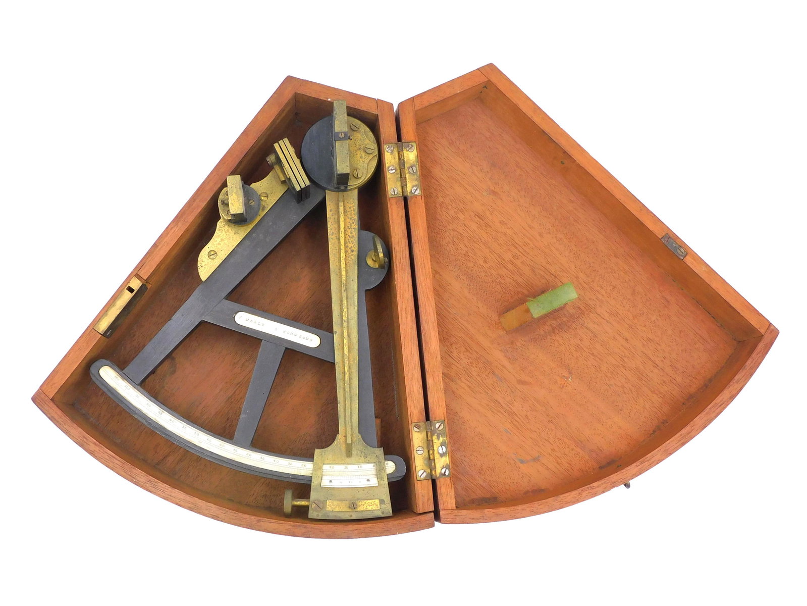 Cased Hong Kong Sextant: 19th century. Original mahogany case. Label on sextant reads "J. Noble, Hong Kong". Working condition. Case 4" high x 11" wide x 12" deep. Provenance: From the estate of Alan Gaines of A & A Gaines An