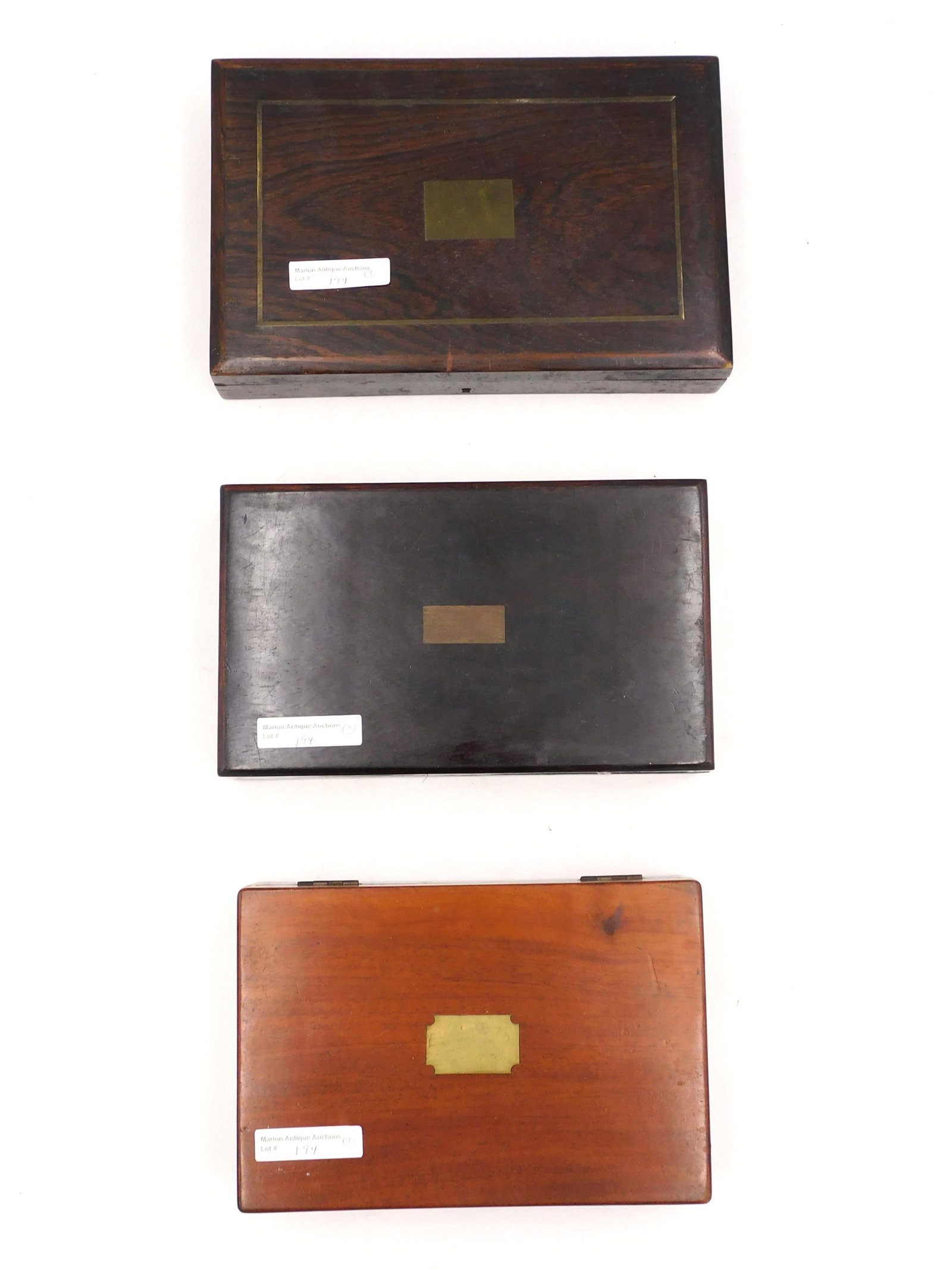 (3) Drafting Sets in Fitted Wood Cases: 19th century. To include: A) Mahogony with brass plate on cover. Draft tools, some with bone handles and rulers in bottom section. 5" x deep 8 1/4" wide x 2" high. Good condition. B) Rosewood with dra