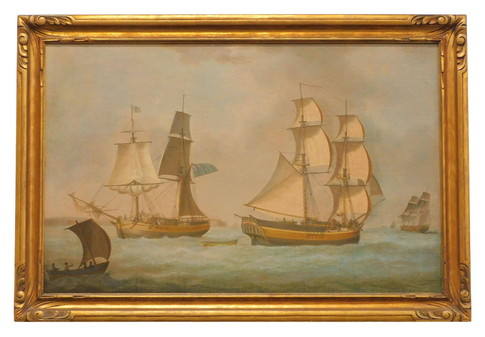English Marine Painting: 19th century. Oil on canvas. Depicting English brigs in two positions off Dover. Unsigned. Sight size 22" high x 34" wide. In a carved and gilt frame measuring: 25-1/2" high x 38" wide. Good overall c