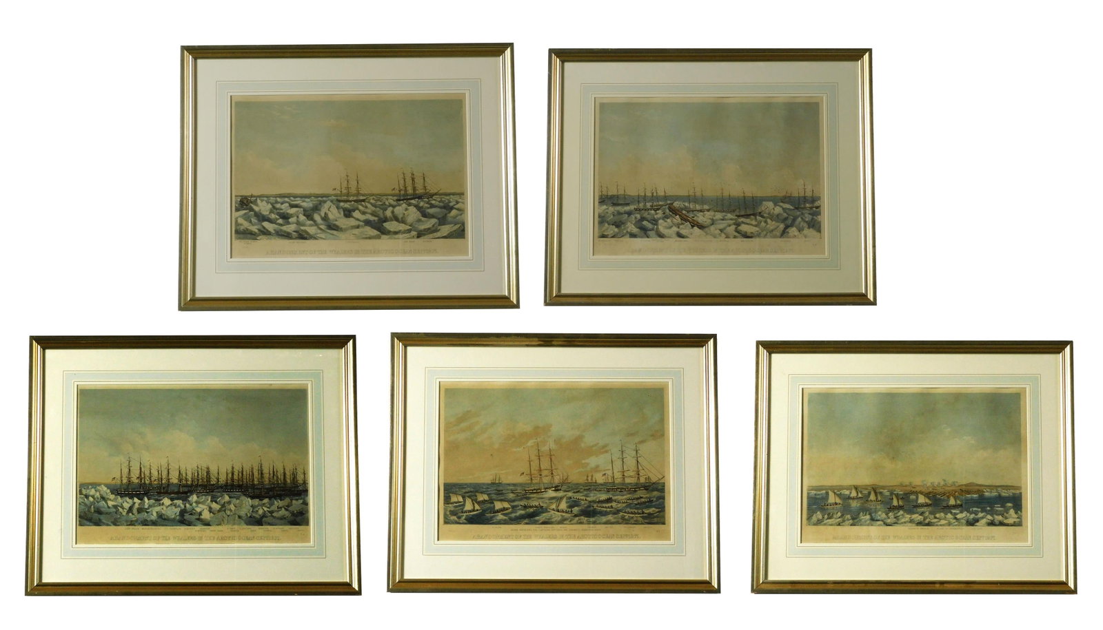 (5) Benjamin Russell Whaling Prints: 1872. All marked "proof". Published by Benjamin Russell, New Bedford, Massachusetts. J.H. Bufford's, Boston. "Abandonment of the Whalers in the Arctic Ocean", Sept. 1871. Depicts scenes from the 1871 