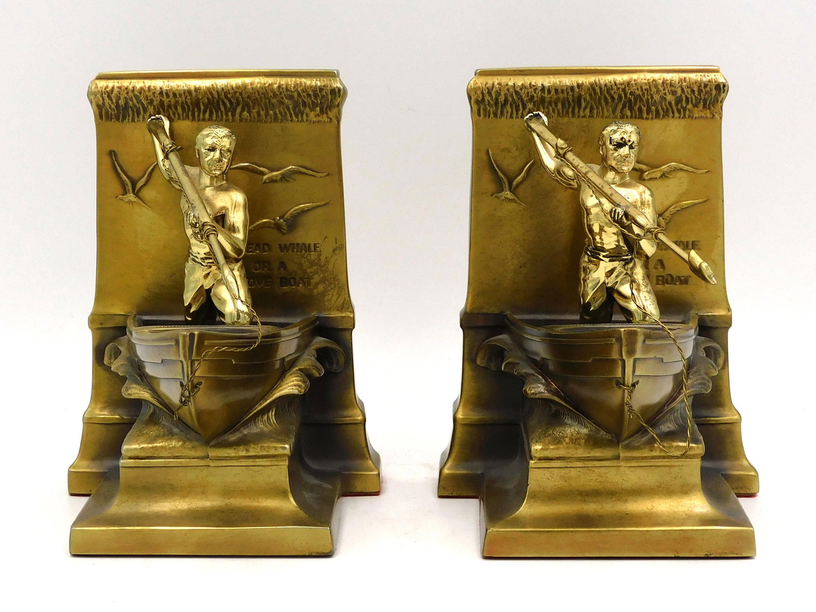 New Bedford Whaleman Bookends: Bronzed. 7" high x 5" wide x 5 3/4" deep. Good condition.
