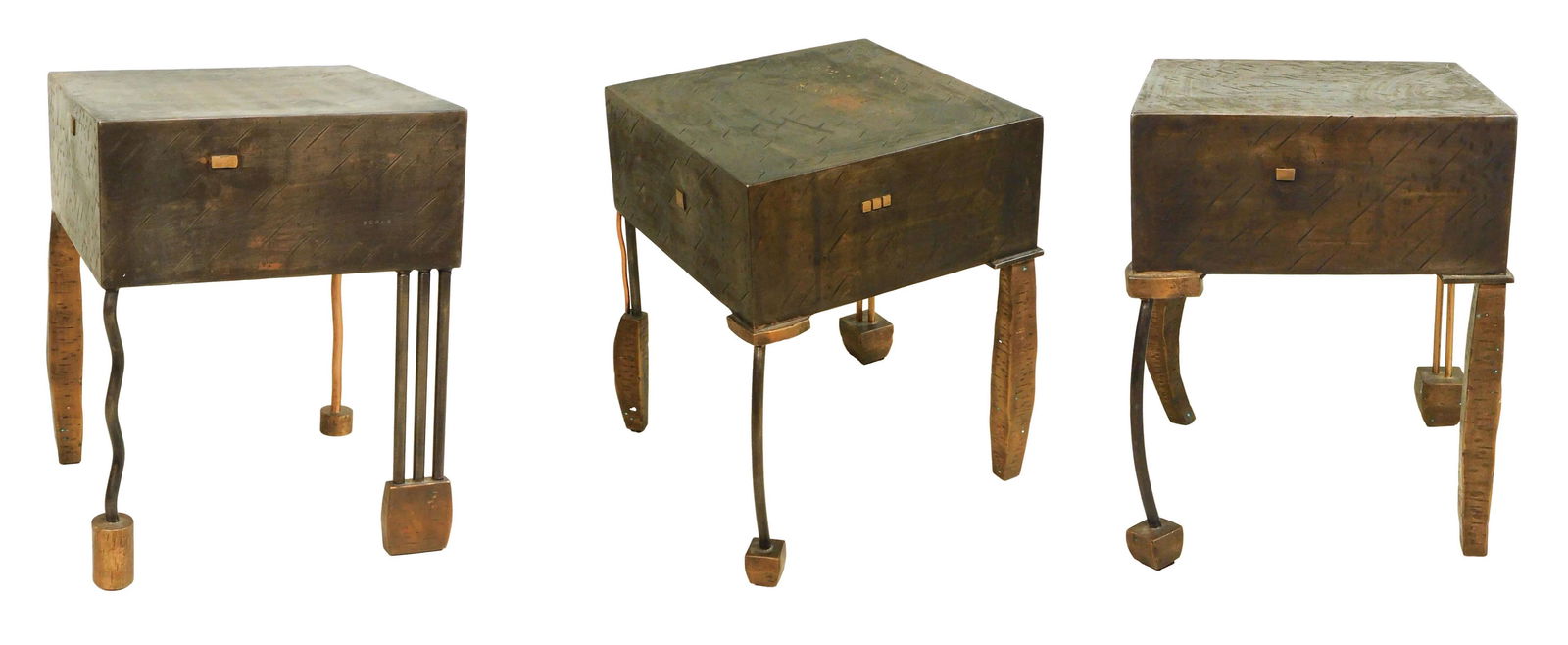 (3) Gary Magakis Post-Modern Side Tables: Late 20th / early 21st century. Bronze and steel. 8 1/2" high x 14" wide x 14" diameter. Good condition consistent with age and use.