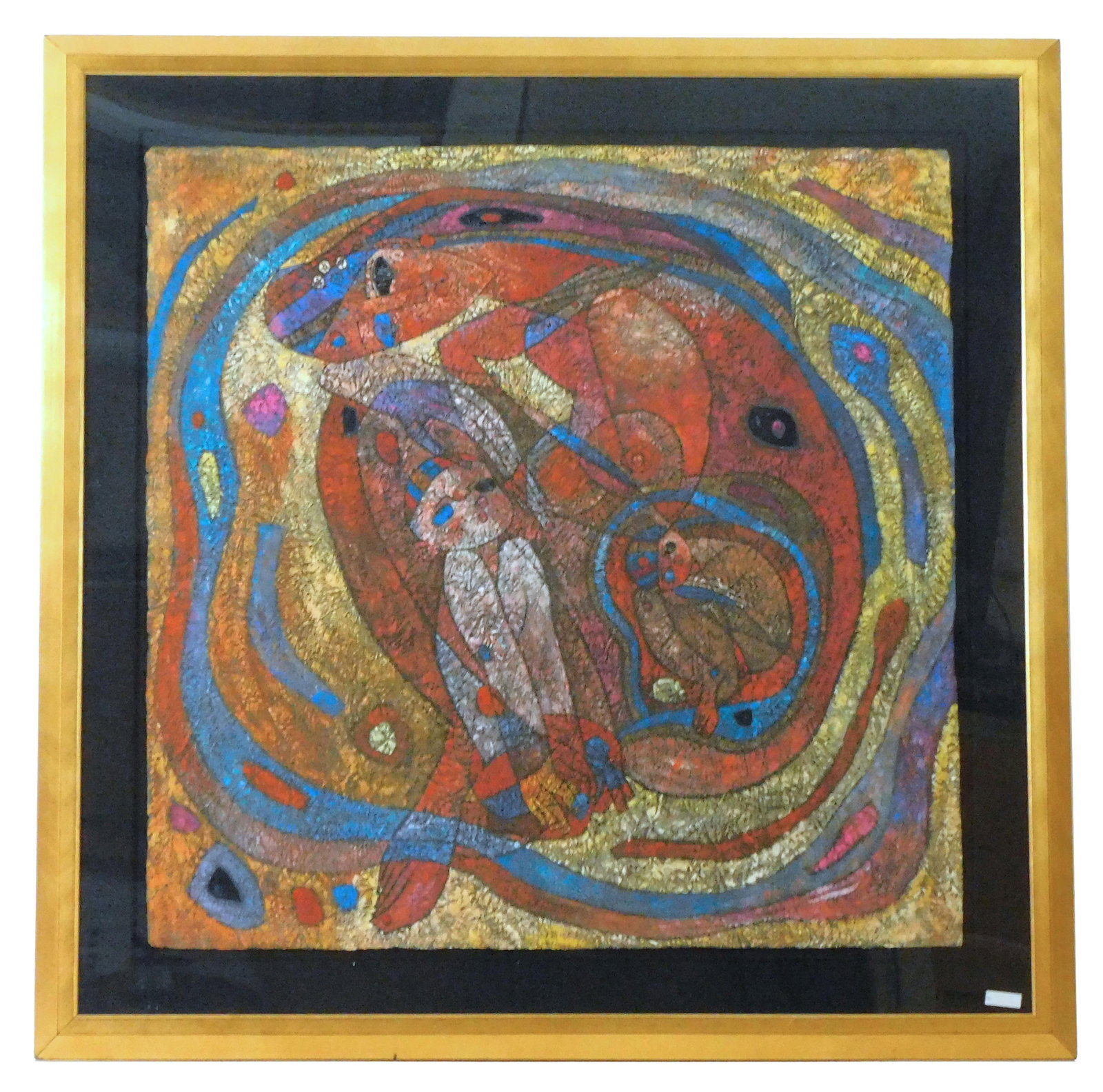 Tiefang Jiang Mother and Child II: (China/Minnesota, 1938-) 20th century. Mixed media on rice paper. Titled "Mother and Child II." Artist is identified on Dyarsen Gallery label on verso. Sight size: 41" high x 40 1/2 wide. In a gilded 