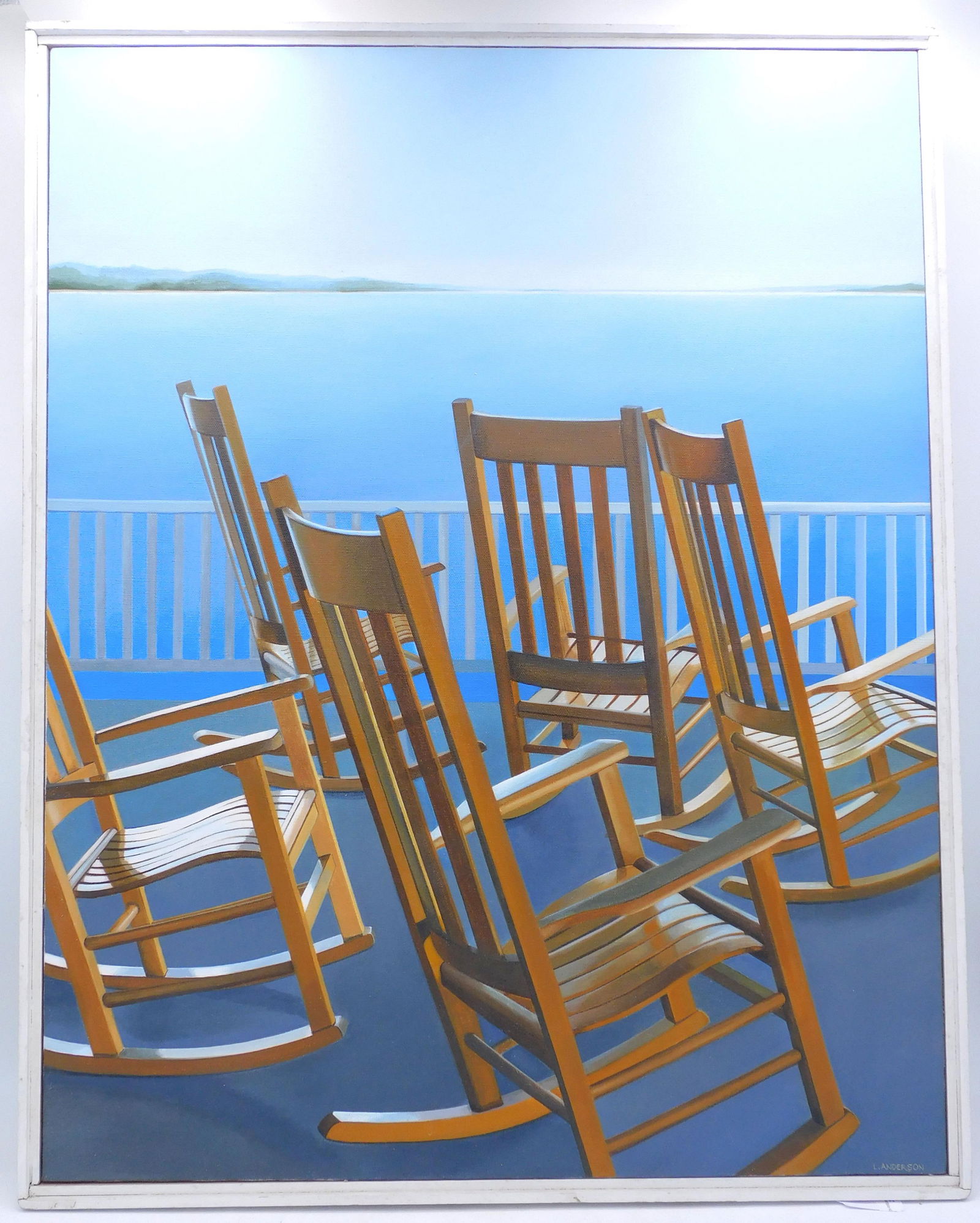 Laura Anderson "Friends": (American/Massachusetts/Connecticut, 1943-). Painting. Acrylic on canvas. Signed lower right and signed and titled on verso. Sight size: 28" high x 22" wide. In white wooden frame measuring 29" high x