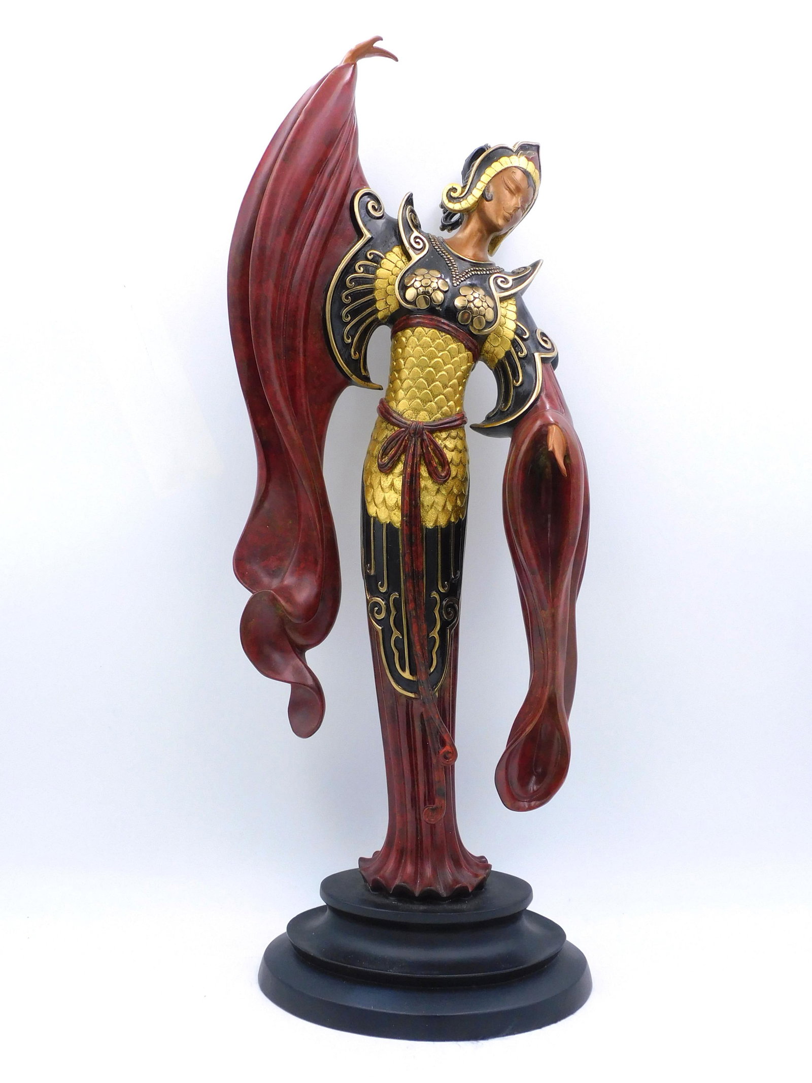 Erte Chinese Legend Patinated Bronze: Dated 1988. Limited edition bronze sculpture numbered 150 /500 Made by Seven Arts Ltd. London. 22" high x 8" wide x 6" diameter. Good overall condition with age appropriate wear.