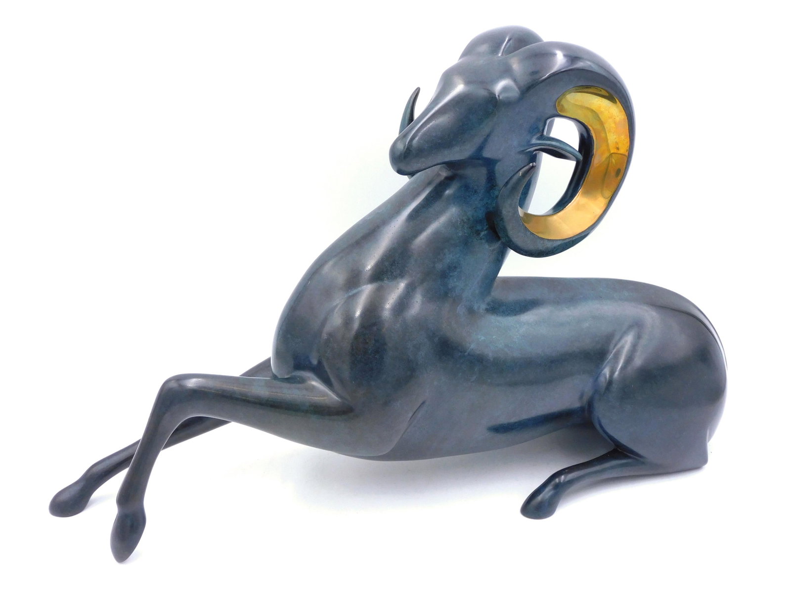 Loet Vanderveen, Bronze Sculpture: (American/California/New York/Netherlands, 1921-2015). Late 20th century. Titled "Big Horn Ram". Signed and numbered 26 /500. 13" high x 21" long x 5 3/4" wide. Age appropriate wear.