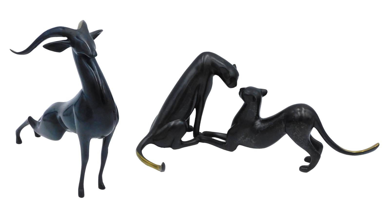 (2) Loet Vandervee, Bronze Sculptures: (American/California/New York/Netherlands, 1921-2015). Late 20th century. To include : A) Cheetah pair numbered 158 / 750 5 1/2" high x 13 1/2" long x 6" wide. B) Springbok numbered 6 / 750 9 1/4" hig