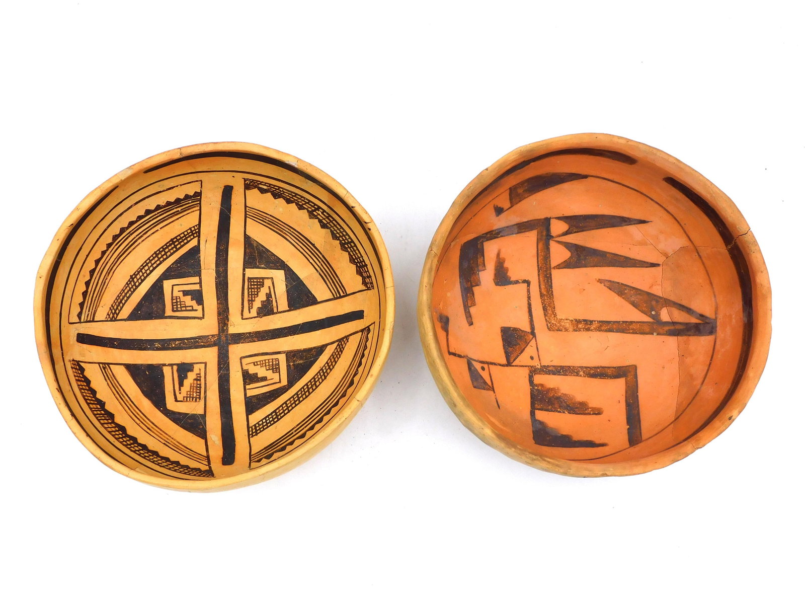 (2) Pre-Columbian Pueblo Bowls: Ancestral geometric designs. 4" high x 8 7/8" diameter. Restored condition.