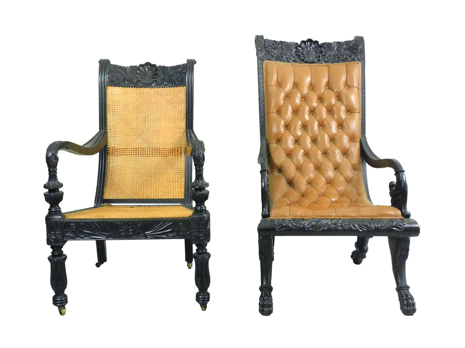 (2) Anglo Indian Planter's Chairs: 19th century. To include: A) Carved ebony and tufted leather planter's chair in a sleepy hollow style, it features shell and foliate carvings, carved arms and animal paw feet. 44 3/4" high x 24 1/2" w