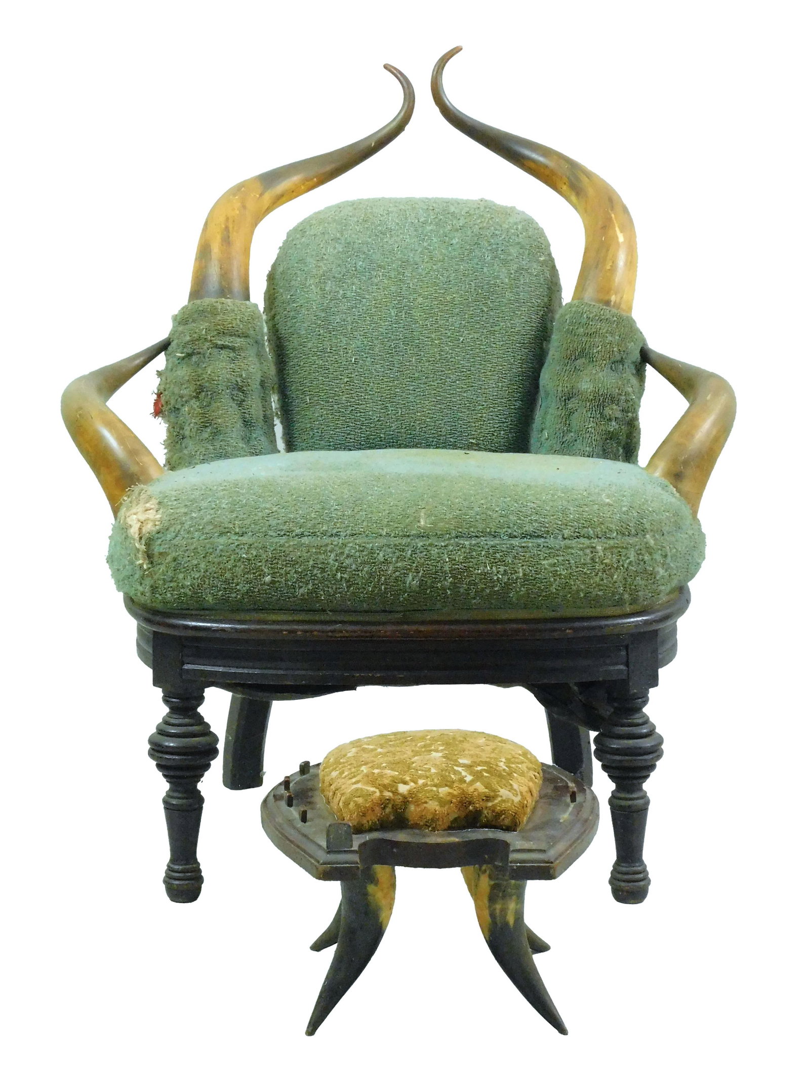 Victorian Horn Chair and Stool: To include: A) Chair with four horns. Upholstered back and seat. Walnut base with turned legs. 33 1/2" high x 28" wide x 22" deep; seat height 17". Chair shows loss to upholstery and back of chair sho