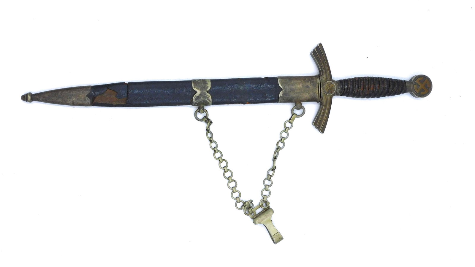 World War II German Dress Dagger: Marked "Paul Weyersberg & Company, Solingen". Original scabbard and holder. 19" long. Blade shows several knicks. Leather scabbard shows cracks and loss.