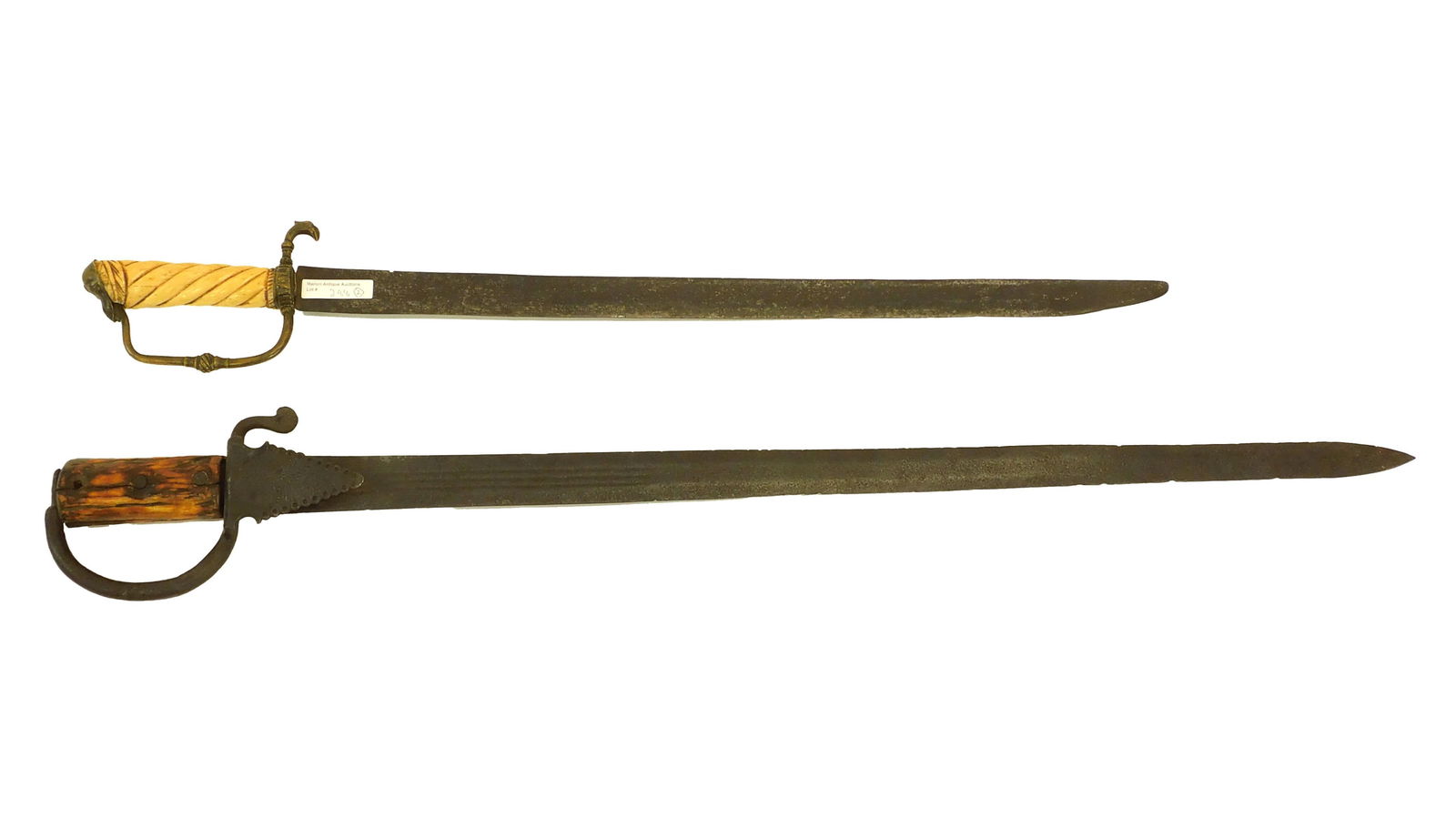 (2) Colonial Swords American / Mexican: 18th century. To include: A) An American short sword carved twisted bone handle with brass hilt. No scabbard. Blade is signed with a hallmark. 28" long. Good condition with age appropriate wear. B) A