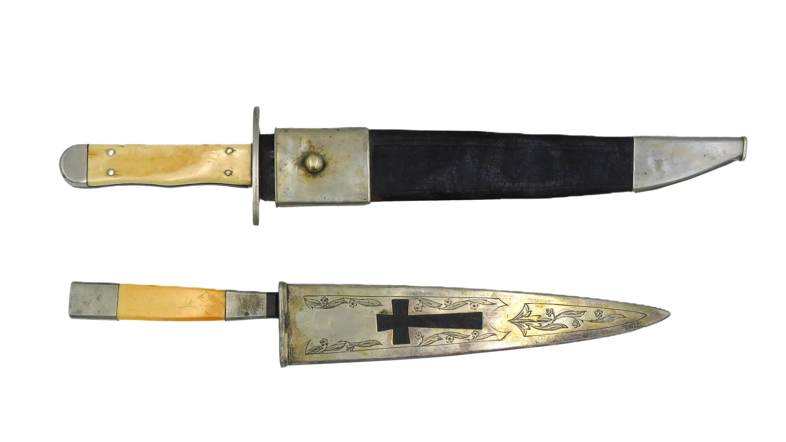 (2) American / Mexican Knives: 19th century. To include: A) Bowie style knife. Bone handle. Sheath with leather and silver plated mounts. 15 3/4" long. Good condition, shows minor wear. B) Spanish Colonial knife. Bone handle. Silve