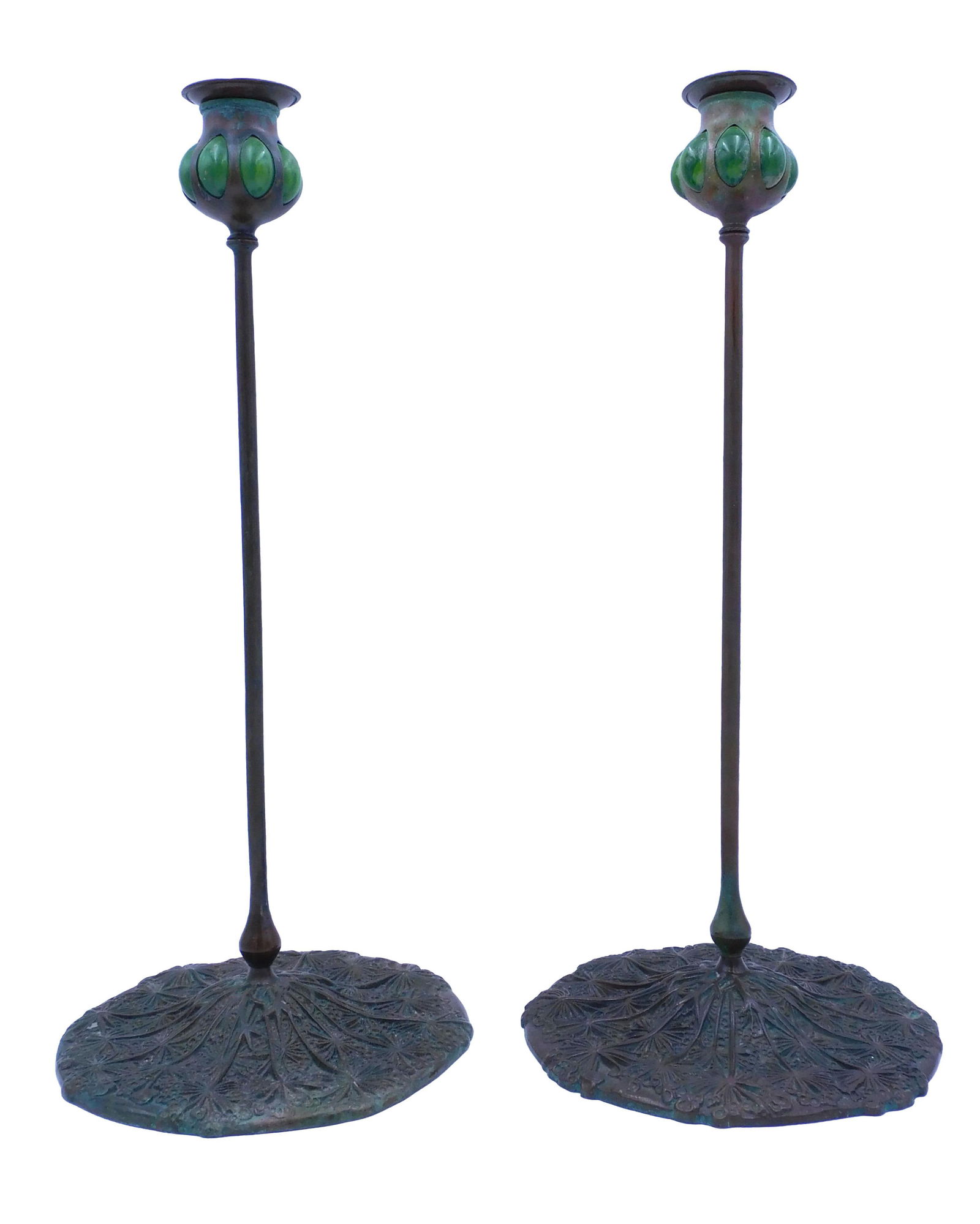 Pair of Tiffany Style Queen Anne Lace Candlesticks: Late 20th century. Bronze and glass, removal bowbesh. Stamped "Tiffany Studios". 17 3/4" high. Good overall consistent age appropriate wear. Believed to be old reproduction.