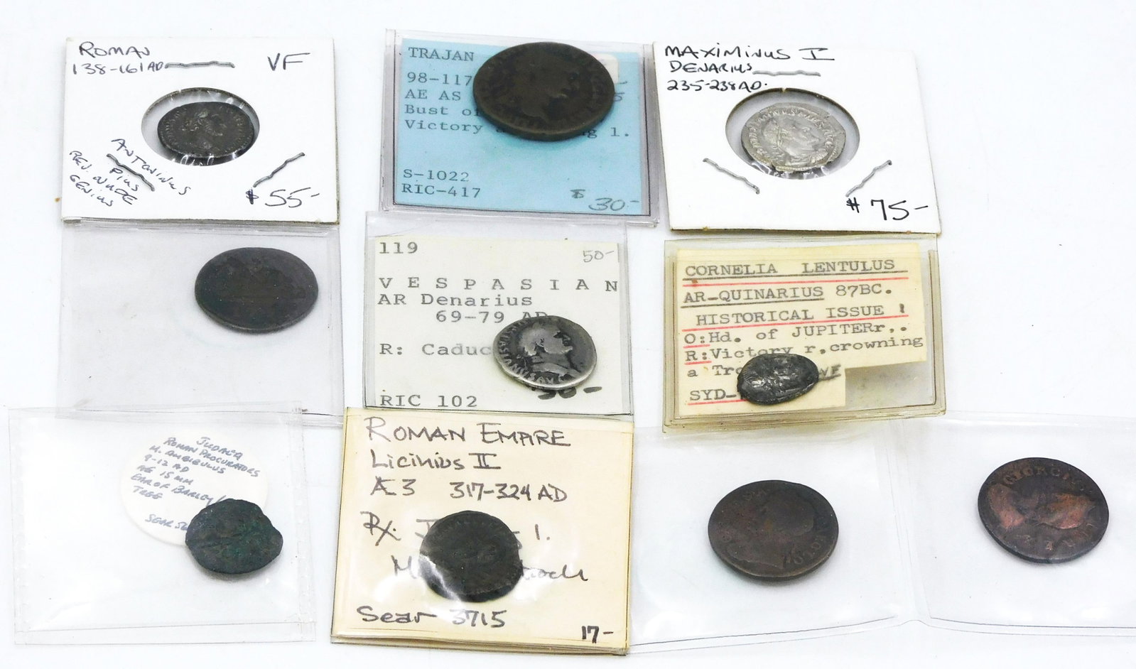 (10) Early and Ancient Coins: 87 BC - 1736. Roman, English etc. Shipping Restriction: Please note this lot must be paid for by cash, wire transfer or known check. Items will be shipped or sent to shipper once payment clears.
