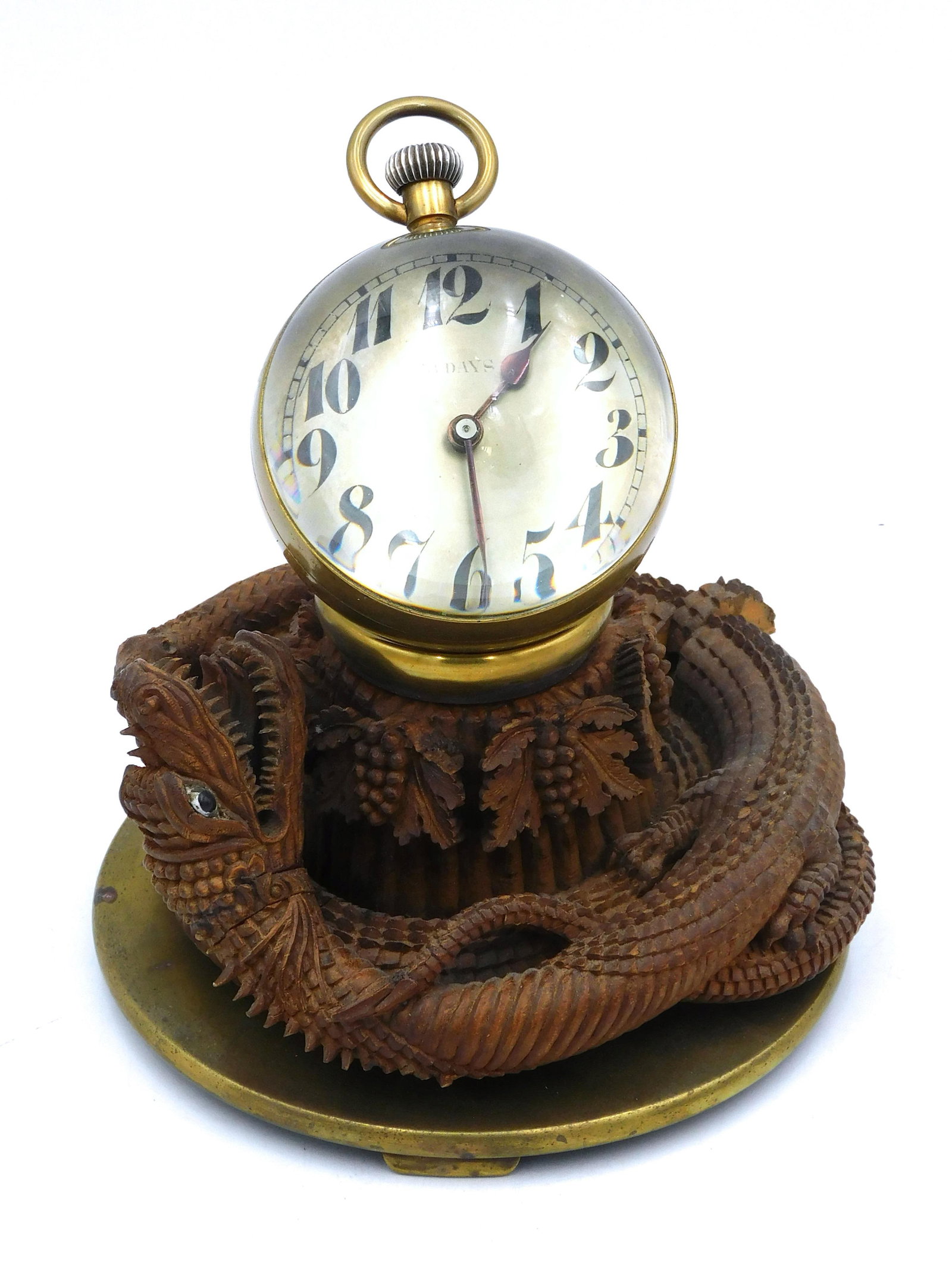 Large Crystal Ball Clock: Belle Epoque period, late 19th / early 20th century. Brass mounts on a carved Chinese sandalwood base depicting a dragon carrying its baby sitting on a separate brass footed circular base. High qualit