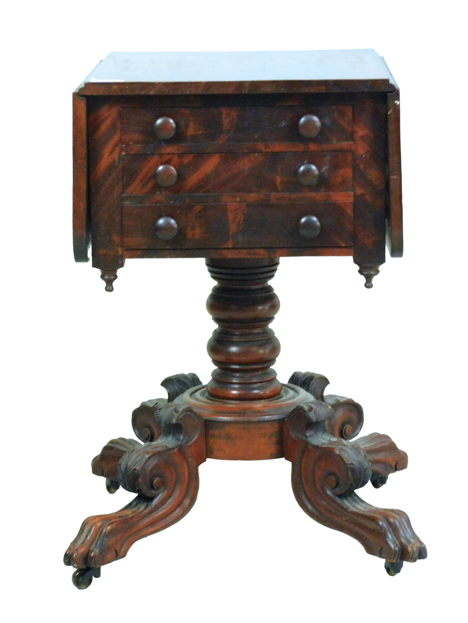 Federal Three-Drawer Work Table: 19th century. Mahogany. Drop leaves, turn shaft. Acanthus carved and clawfoot feet. Old finish. 28 1/2" high x 16 1/2" wide x 19" deep. 9 1/2" drop leaves. Good overall condition. Provenance: From the