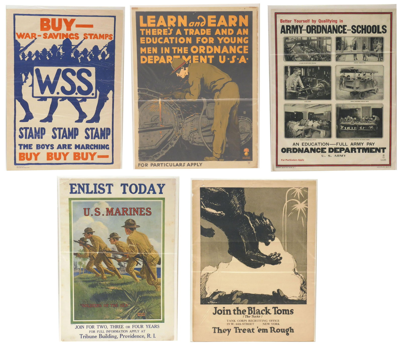 (5) US WWI Posters: To include: A) Black and white "They Treat 'em Rough" Tank Corp recruitment poster, designed by W.F. Hoffman. 25" high x 19" wide. Minor loss to margins, minor loss to tack hole, small tear, and minor