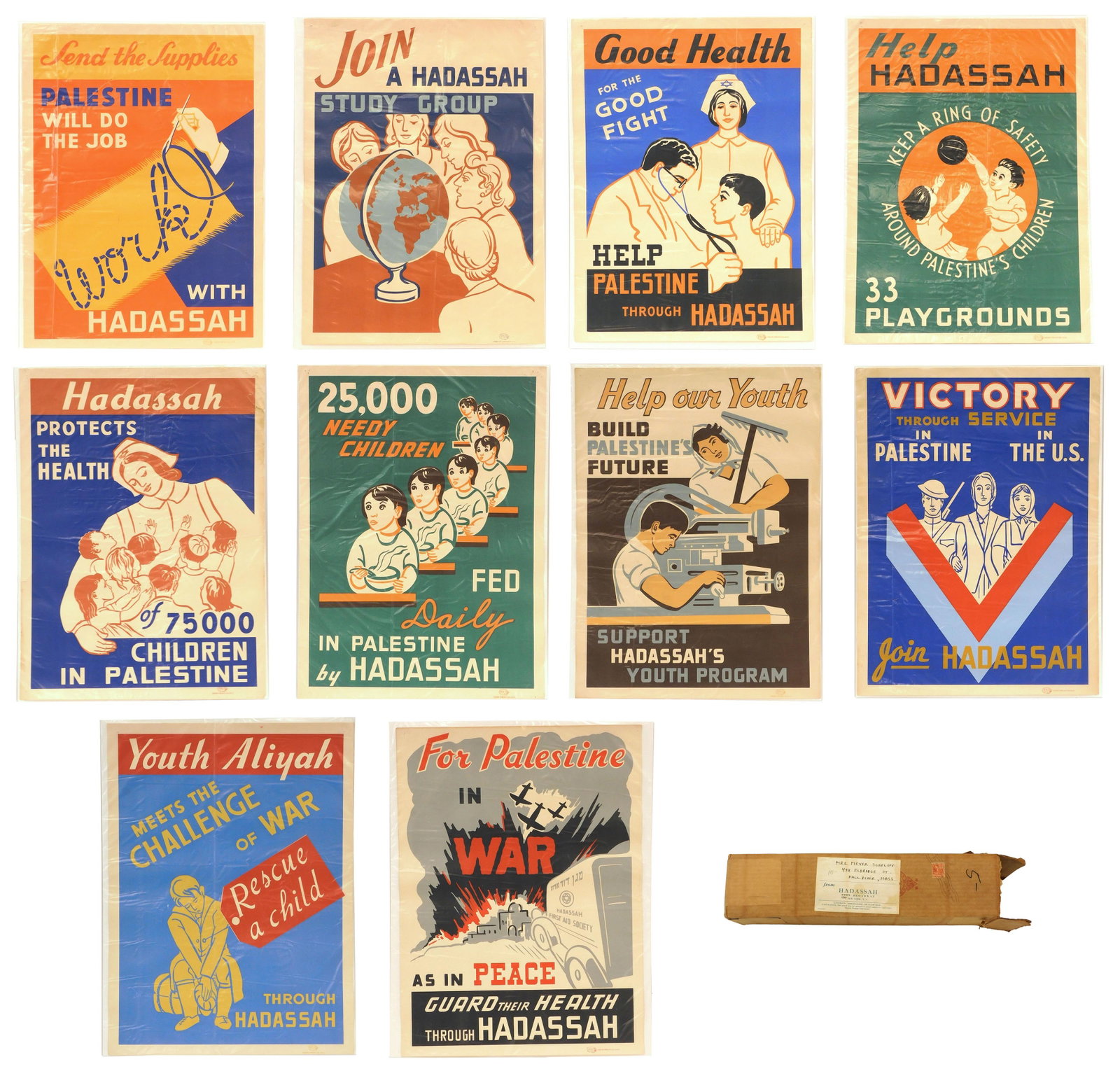 (10) Very Rare WWII Hadassah Posters: 1941 Hadassah fundraising posters printed by Color Displays Co, NYC. Unknown designer. The posters relate to relief efforts in Palestine including health, labor and education. All posters measure 23" 