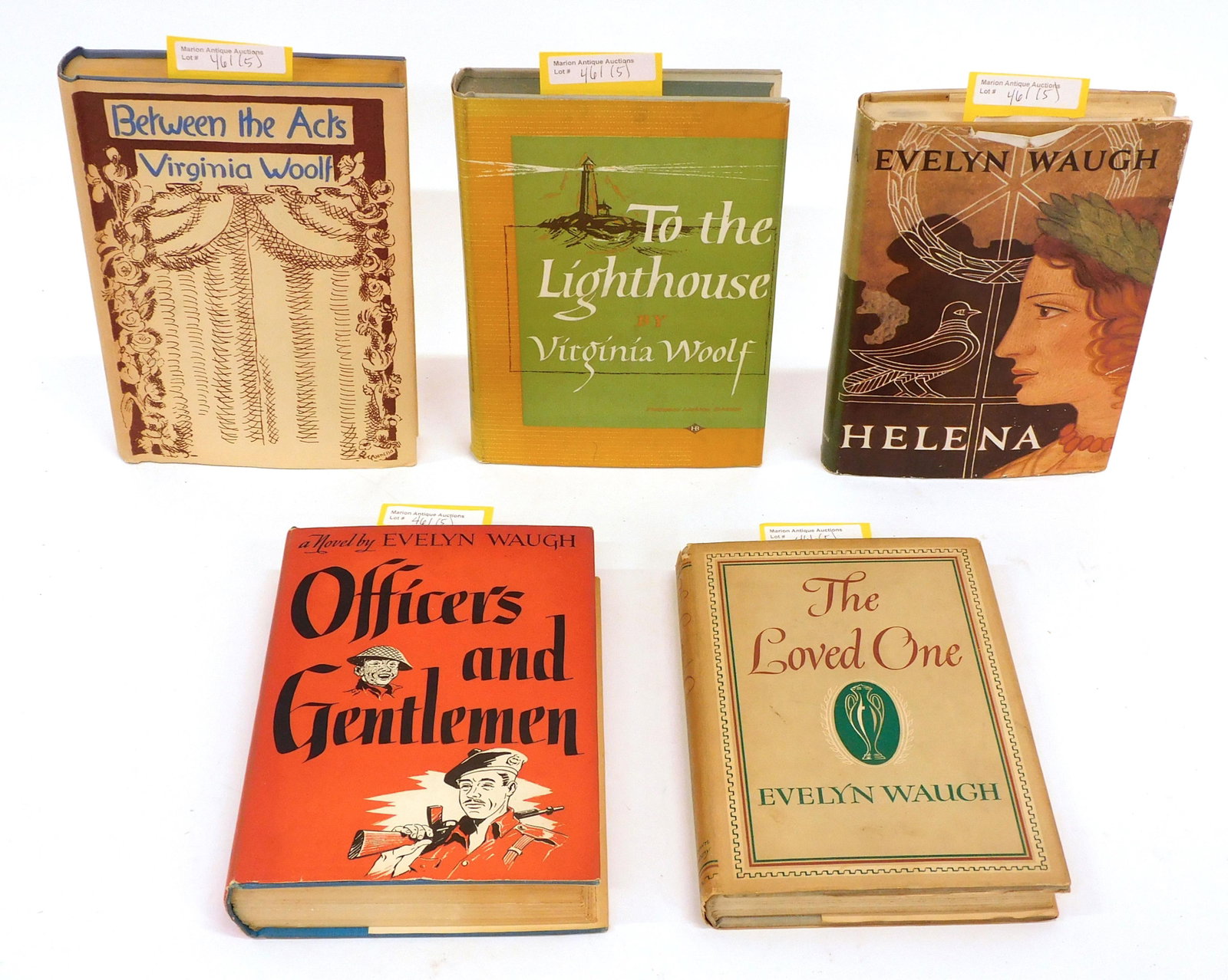 (5) Books by Evelyn Waugh and Virginia Woolf: To include: A) "Officers and Gentlemen". Evelyn Waugh. Little, Brown and Company 1955. First Edition. Unclipped dustjacket in fair to good condition showing signs of wear and discoloration. Inscribed 