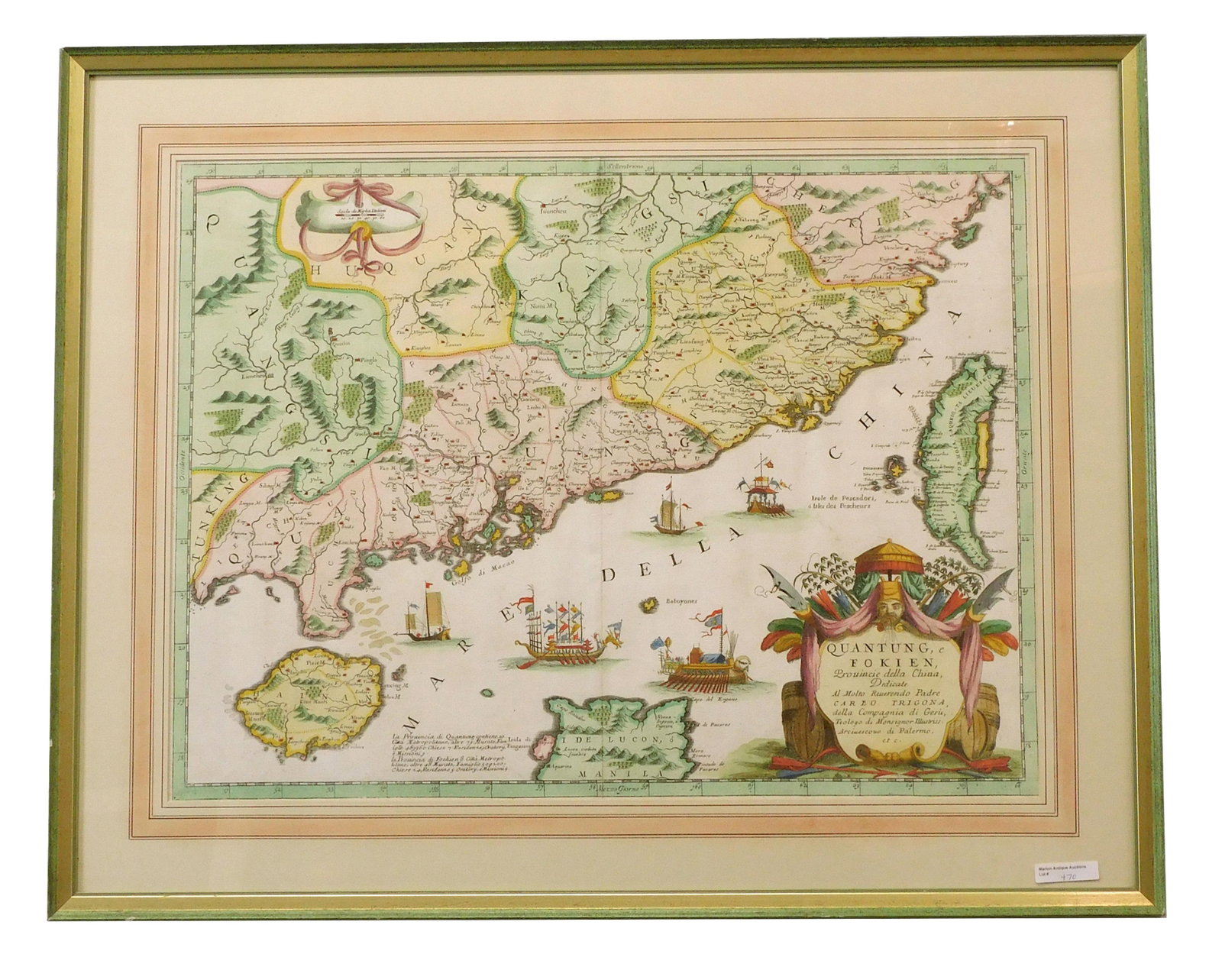Vincenzo Coronelli, Hand-colored Map: "Quantung E Fokien." Ca. 1695. From the Pacific Club-Hong Kong Exhibit "Images of the Orient". Number 57 in the exhibit catalog. Sold by Roderick Barron, Kent, England. Sight size: 18" high x 24" wide