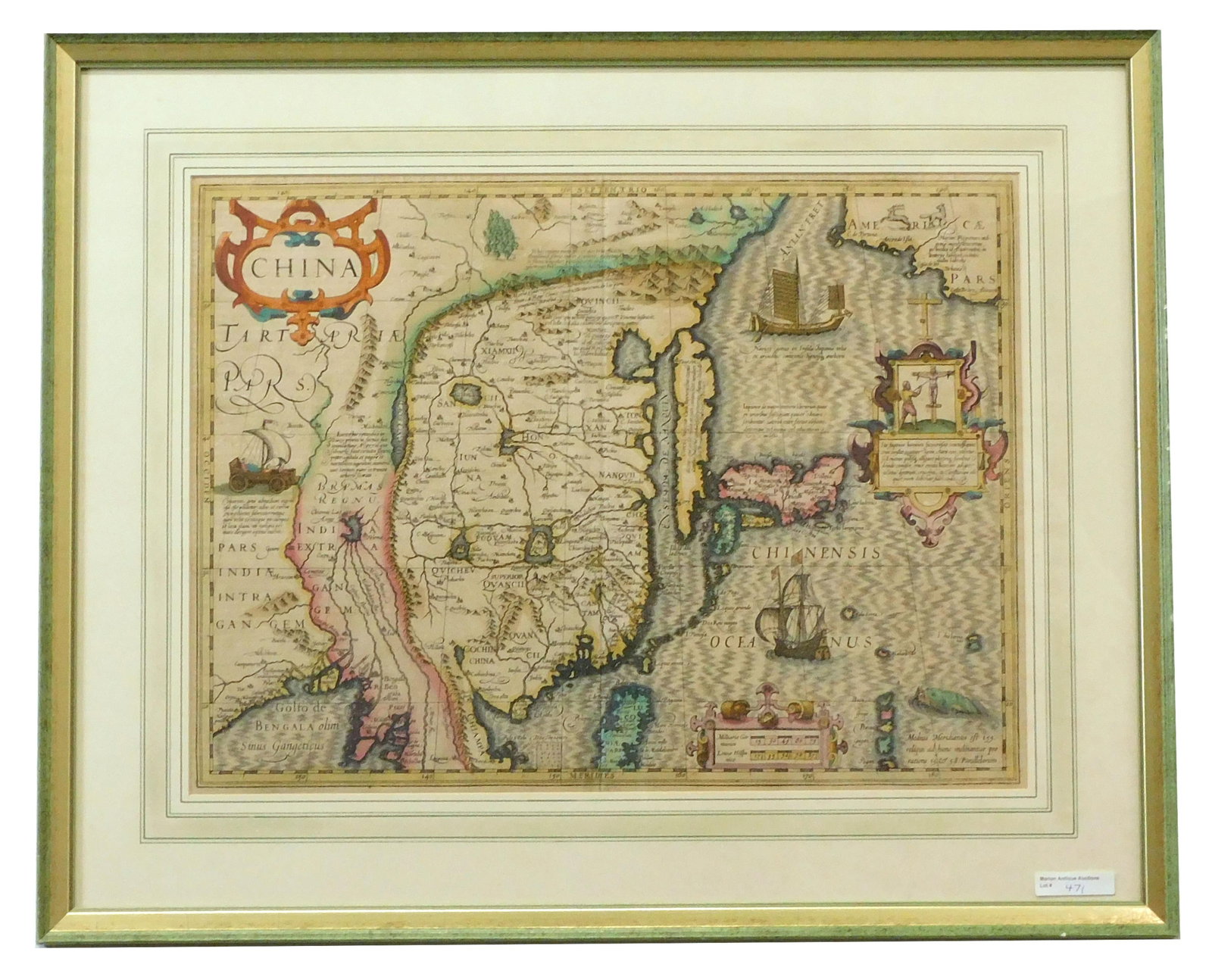 Jodocus Hondius Hand colored Engraved Map: (1606-1619). "China." From the Pacific Club-Hong Kong Exhibit "Images of the Orient." Number 26 in the exhibit catalog. Sold by Roderick Barron, Kent, England. Sight size: 13 3/4" high x 18 3/4" wide.