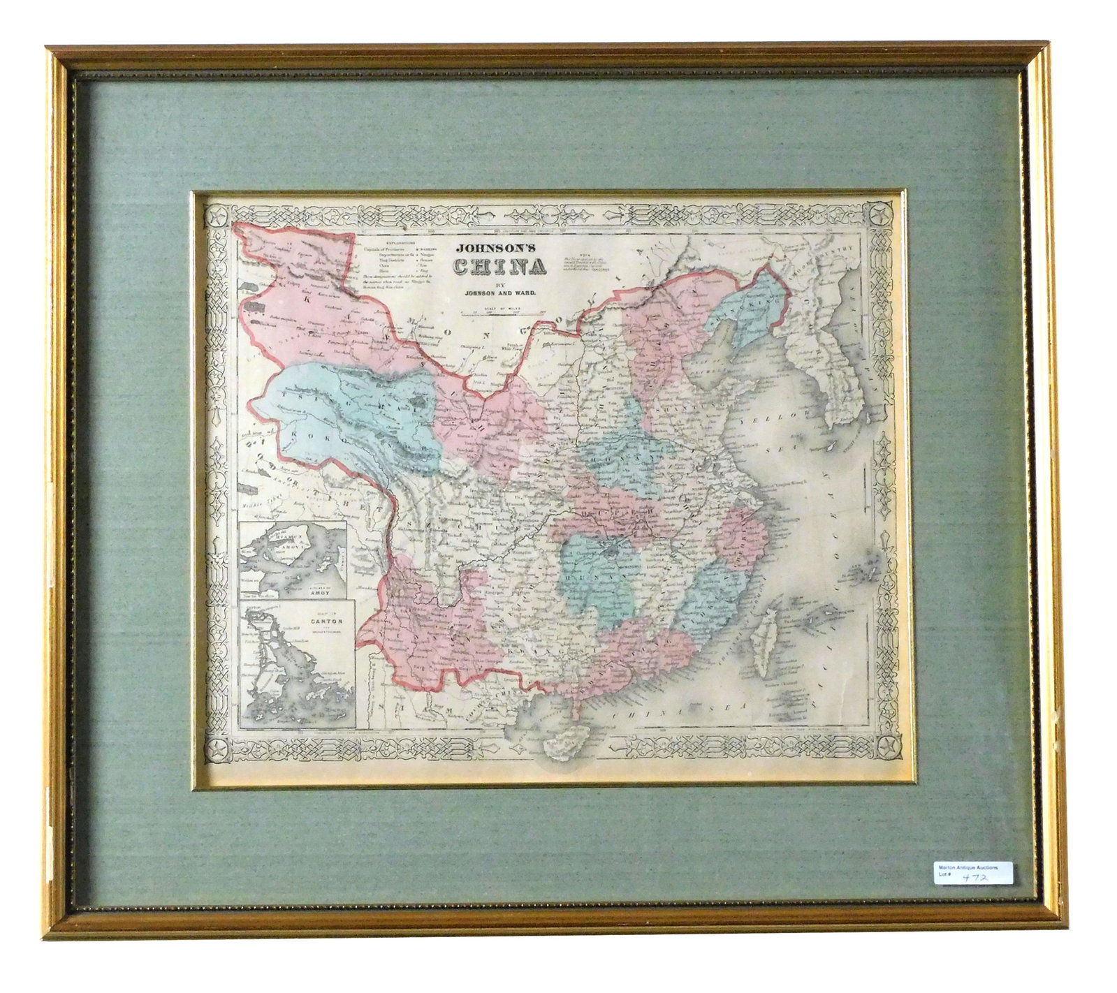 Johnson & Ward, NY. Hand colored Engraved Map: "Johnson's China." 1864. Sight size: 13 1/4" high x 15 3/4" wide. Cloth mat. In a gilded frame measuring 20" high x 22 3/4" wide. Frame shows some loss to finish.