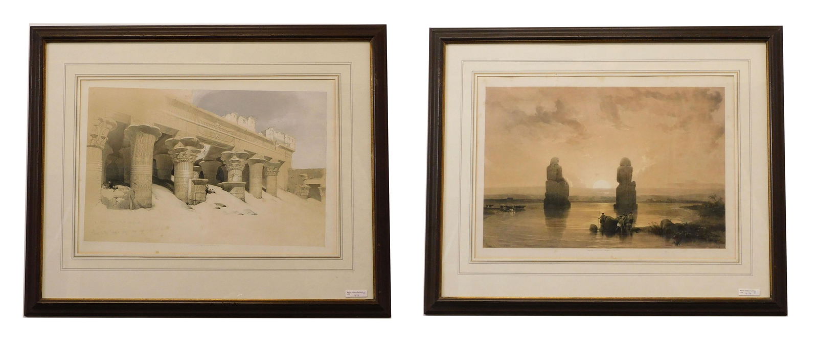 (2) Hand colored Lithographs of Egypt: David Roberts. A) "Egypt and Nubia." London, 1846-1849. Remarked in pencil lower level: "David Roberts RA Lithography. Portico of the Temple Eufou. Upper Egypt. November 23, 1838". Published in London