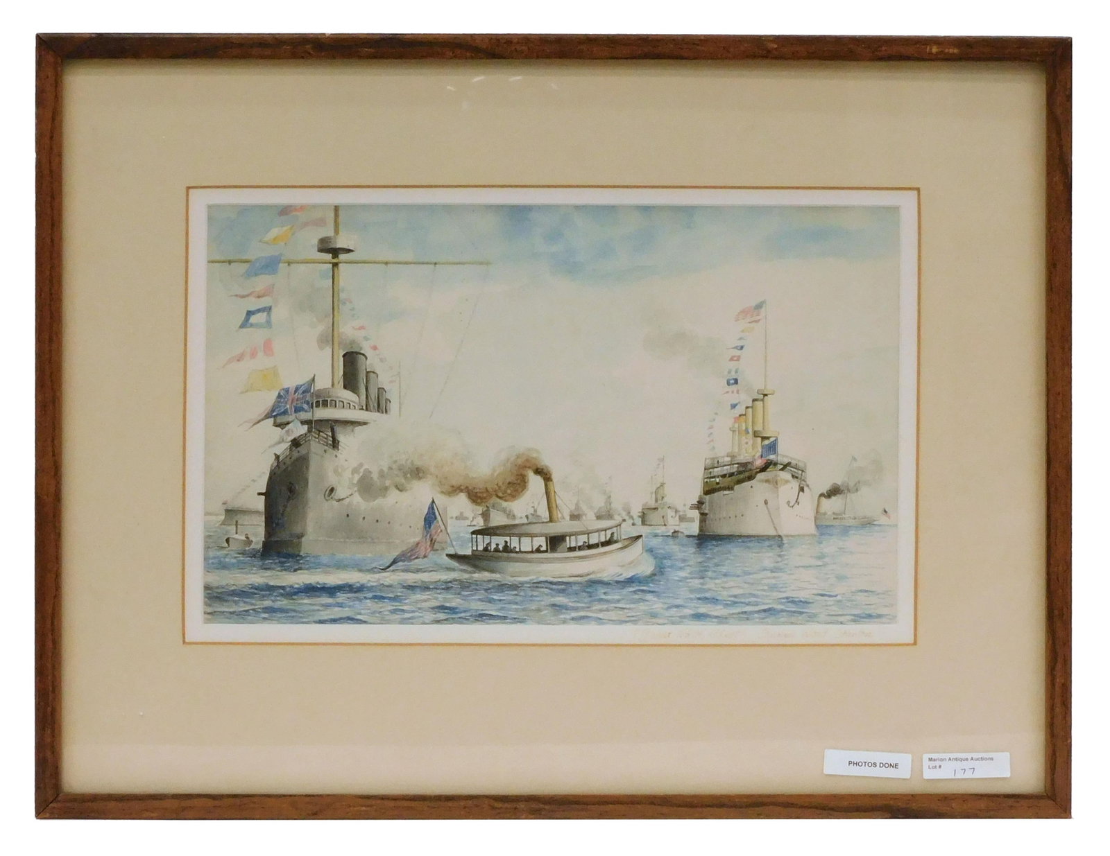 Samuel Ward Stanton, "Great White Fleet": (1870-1912). Watercolor painting of American and British warships. Signed and titled lower right. Sight size: 8 1/4" high x 13 3/4" wide. In a plain wooden frame measuring 15 1/2" high x 20" wide. Pro