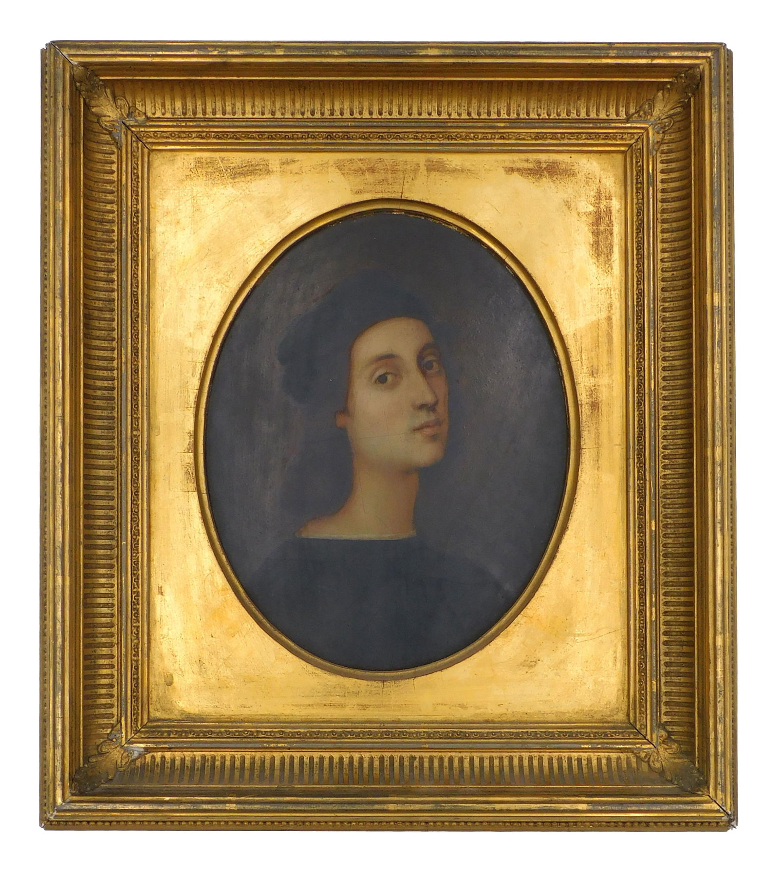 Grand Tour Portrait of Raphael: 19th century. On an oval wooden panel. Unsigned copy of a self-portrait by Raphael. Sight size: 8 1/2" high x 6 3/4" wide. In a period frame measuring 14" high x 12 1/2" wide. Painting shows light cra