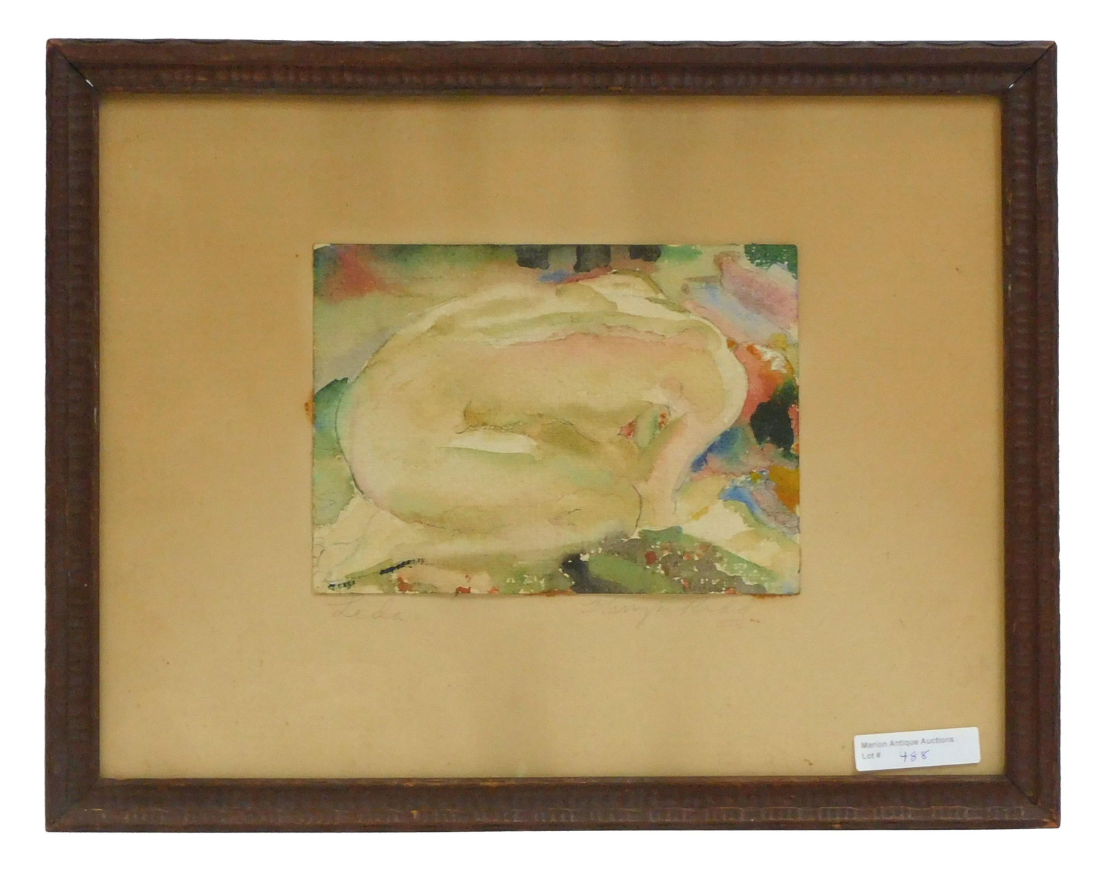 Harry M. Kidd Recumbent Nude Woman Watercolor: (American, 1899-1964). Titled "Leda". Signed lower right. Titled lower left. Sight size: 4 3/4" high x 6 3/4" wide. In a period frame measuring 11" high x 14" wide. Matting shows tanning.