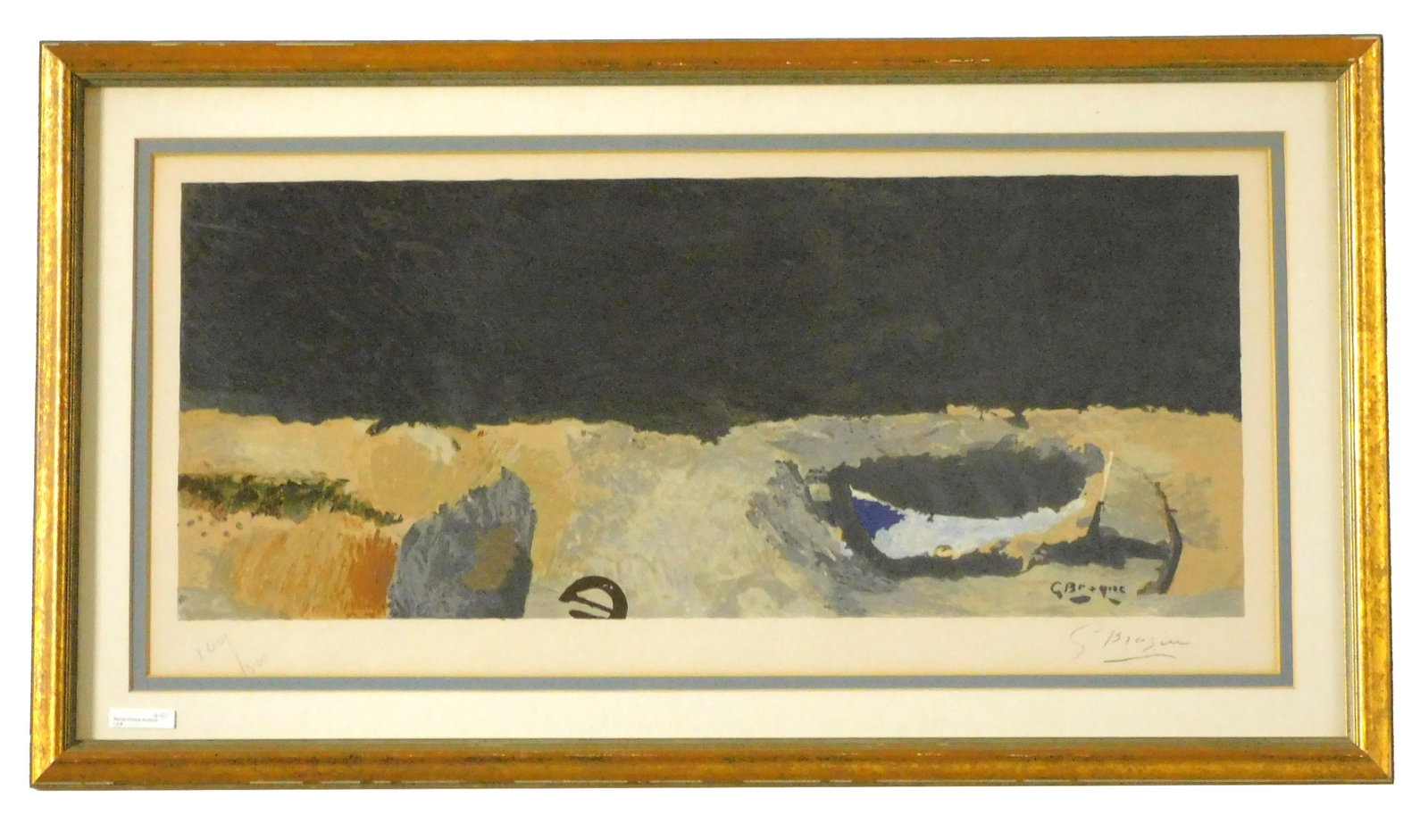 Georges Braque, La Barque sur la Greve: (French, 1882-1963). The Boat on the Shore. Colored lithograph. #100 of 300. Signed lower right in plate and in pencil on the mat. Sight size: 14" high x 30" wide. In a quality gilded frame measuring 