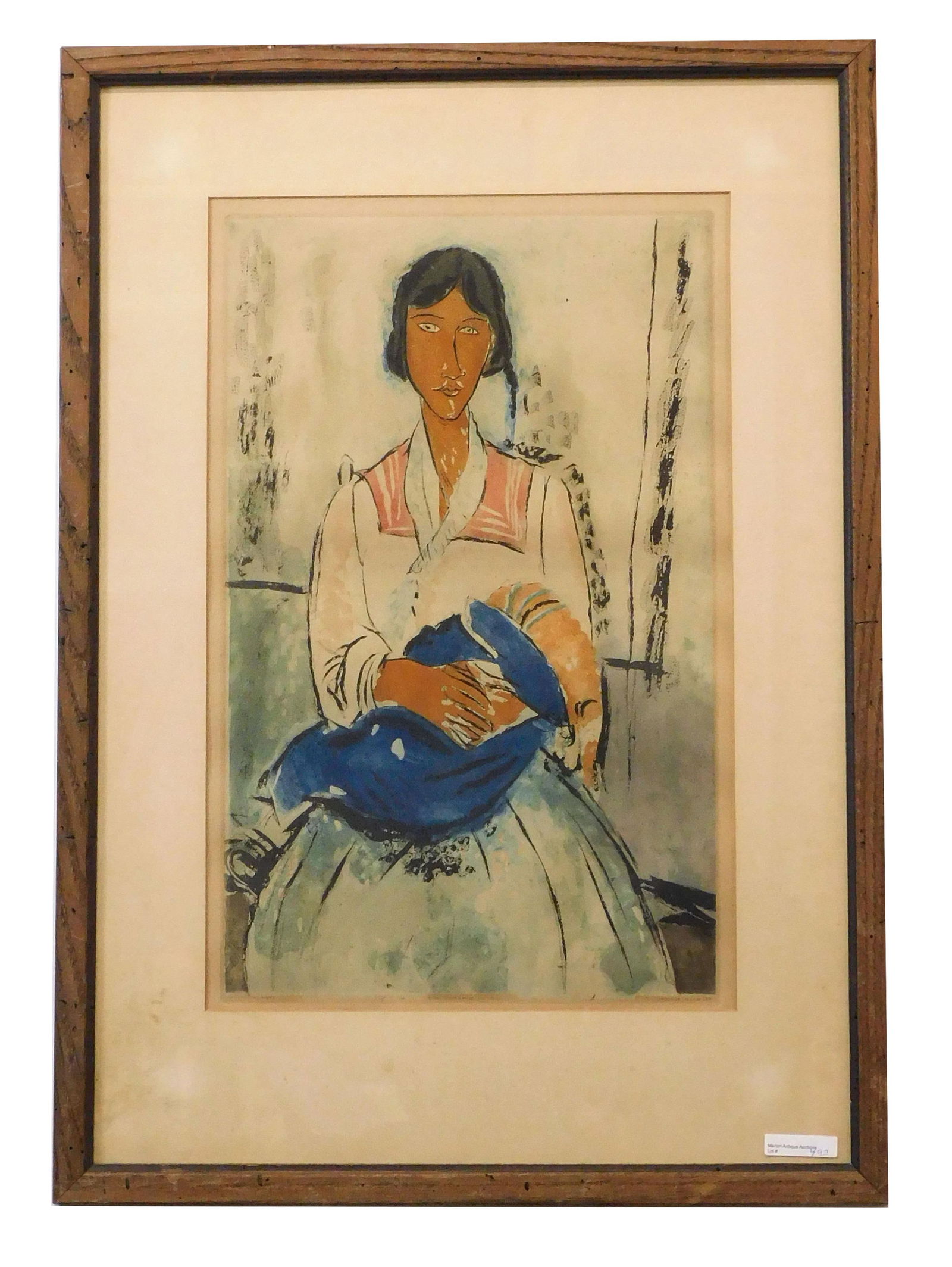 Jacques Villon, after Modigliani Etching: (French, 1875-1963). Titled "L'Italienne". Color aquatint and etching depicting a seated woman with child in her arms after a painting by Amedeo Modigliani (Italian, 1884-1920). Sight size: 19" high x