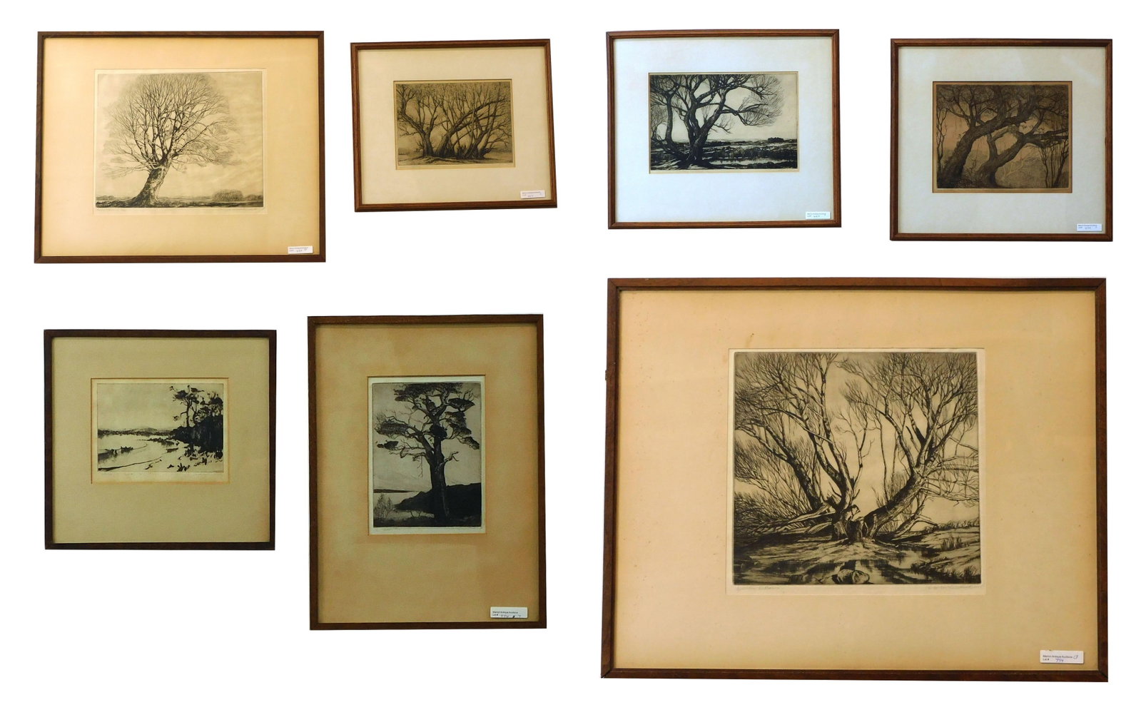 (7) Etchings by A.H. McLintock: (English, 1903-1968) To include: A) "Netting Pounaivea". Signed in pencil and in the plate lower right. Sight size: 5 1/4" x 6 1/2". In a wood frame measuring: 10 1/2" high x 11" wide. Good condition.