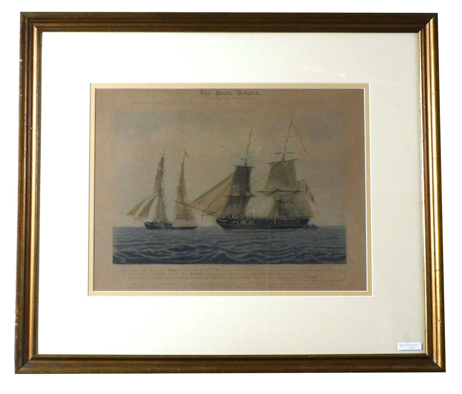 English Colored Engraving: After a painting by W. Joy. Titled "The Pirate Defeated". Published in London 1836 R. Ackermann. Engraved by Duncan. Depicting the British Ship Netuno commanded by MRB Crawford taking the prize of the