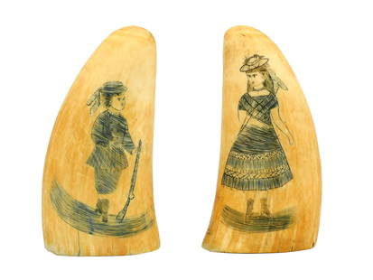 Pair of Scrimshaw Whale Teeth: 19th C. Depicting portraits of children to include: (A) Polychrome portrait of a boy holding a rifle. Blank verso. 5 1/2" long. (B) Polychrome portrait of a girl. Blank verso. 5 1/2" long. 