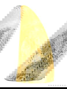 Scrimshaw Whale's Tooth on Stand: 19th C. Monochrome portrait of a lady wearing a bonnet. Blank verso. 5 3/4" long. Shipping restriction: Please note this lot is not available to be sold or shipped internationally. It is the