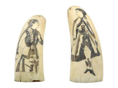 Pair of Scrimshaw Whale Teeth: Dated 1880. Pair to include: (A) Polychrome 3/4 length portrait of a lady in profile. Dated on verso. 5" long. (B) Polychrome full-length portrait of a lady. Dated on verso. 5 1/4" long. 