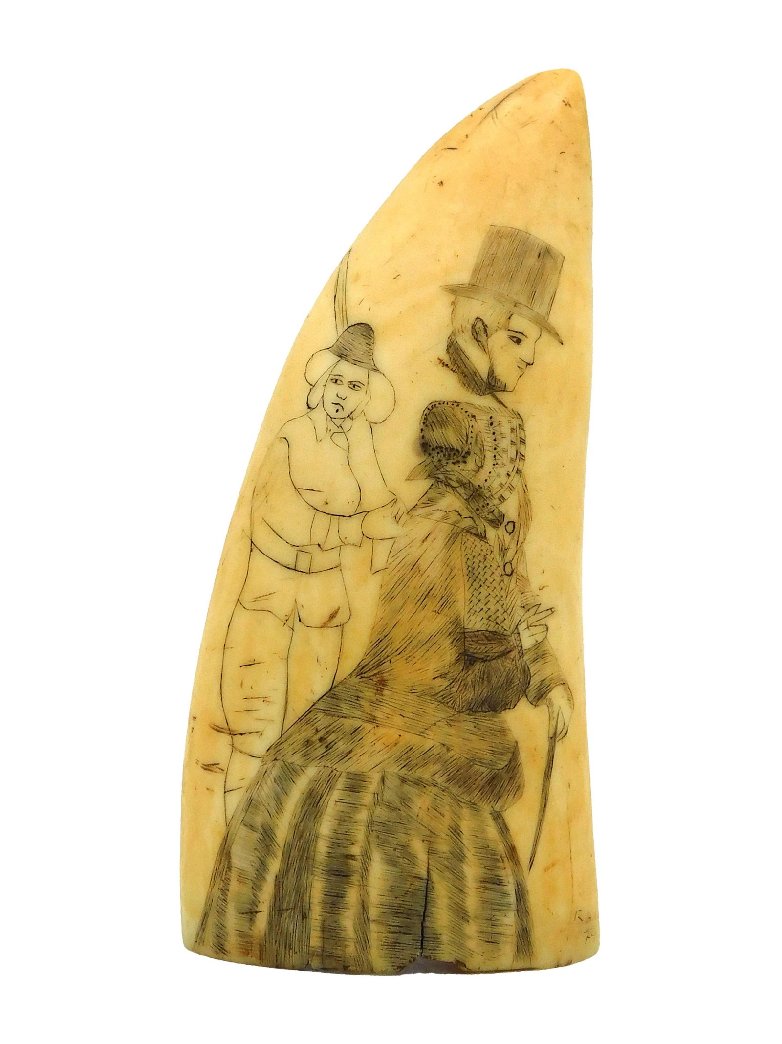 Scrimshaw Whale's Tooth: 19th C. Polished and engraved with a portrait of a Victorian couple in profile. Behind them, an unfinished portrait of a man with a gun. Signed bottom: "RA 74". Verso shows simple markings. 4 1/2" lon
