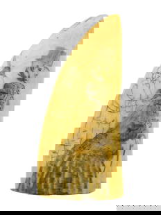 Scrimshaw Whale's Tooth: 19th C. Polished and engraved with a portrait of a Victorian couple in profile. Behind them, an unfinished portrait of a man with a gun. Signed bottom: "RA 74". Verso shows simple markings. 4 1/2"