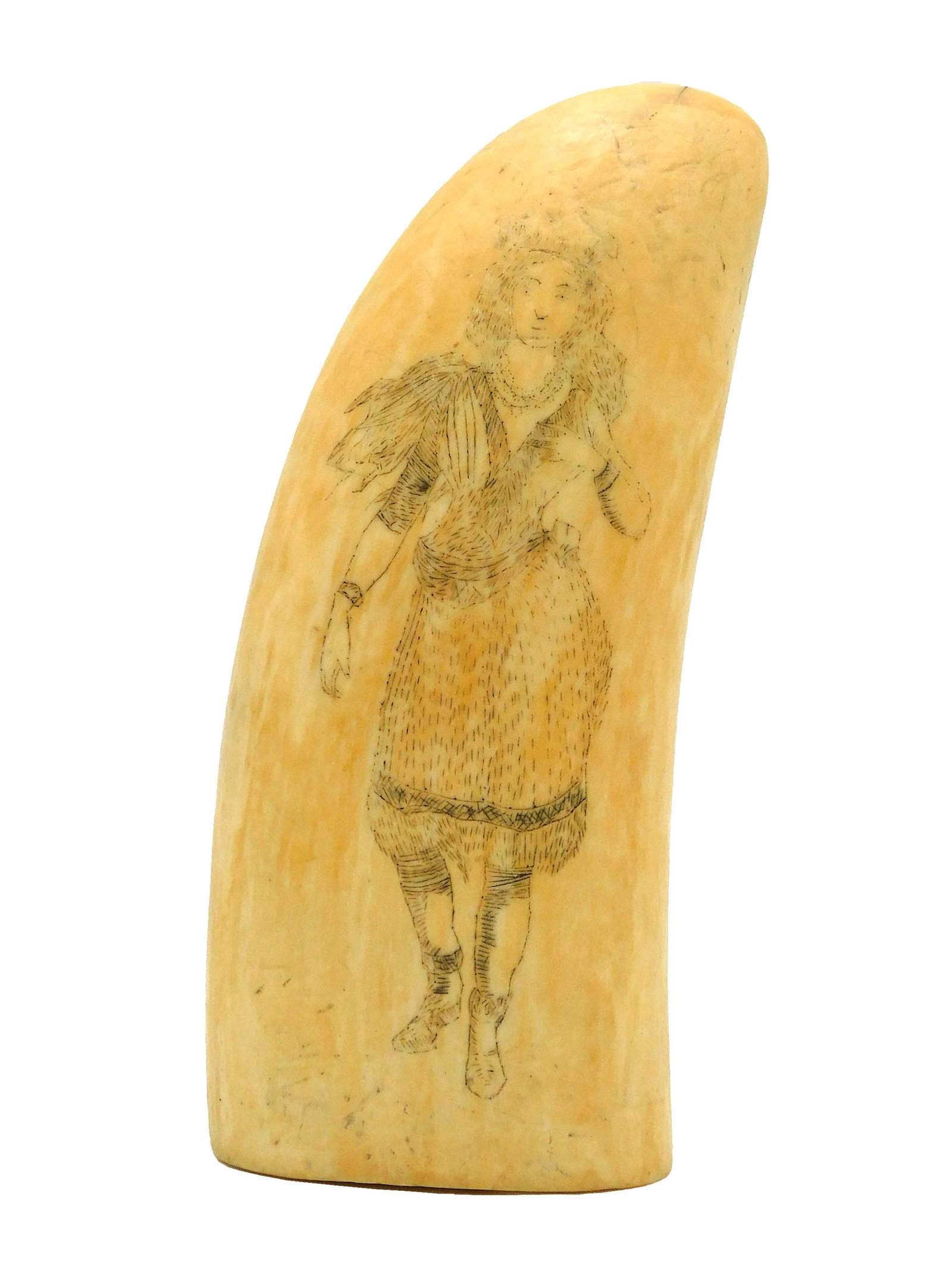 Scrimshaw Whale's Tooth: 19th C. Engraved monochrome full-length portrait of a woman. Polished surface with blank verso. 4 1/2" long. Shipping restriction: Please note this lot is not available to be sold or shipped internati