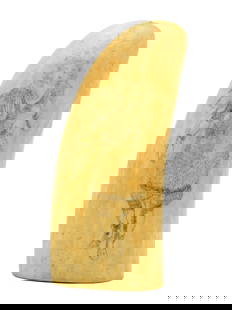 Scrimshaw Whale's Tooth: 19th C. Engraved monochrome full-length portrait of a woman. Polished surface with blank verso. 4 1/2" long. Shipping restriction: Please note this lot is not available to be sold or shipped