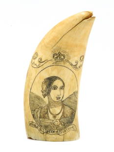 Scrimshaw Whale's Tooth: 19th C. Polished tooth. Recto shows monochrome engraving of Maria II - Queen of Portugal. Ship under sail on verso. 6" long. Shipping restriction: Please note this lot is not available to be sold
