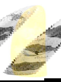 Scrimshaw Whale's Tooth by Robert Spring: (American, 1938-2016). Dated 1970. Polished and engraved monochrome tooth. Features engravings of right whale, finback whale and sperm whale. Verso shows signature: "R Spring 70". 4 3/4" long. 