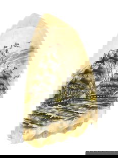 Scrimshaw Whale's Tooth with Ships Under Sail: 20th C. A polished and polychrome engraved tooth with two American ships under sail. Signed "Frank B. (F)", probably Frank Banfield. Blank verso. 5 1/2" long. Shipping restriction: This lot is not