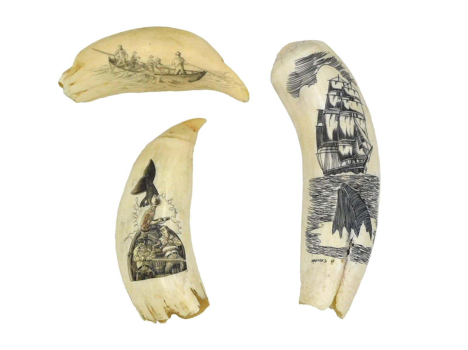 (3) Scrimshaw Whale Teeth: 20th C. To include: (A) Monochrome engraved sperm whale tooth with ship under sail and whale. Signed "Franks". Blank and raw verso. 5 1/2" long. (B) Monochrome engraved sperm whale tooth showing sailo