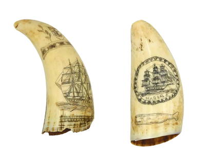 (2) Scrimshaw's Whale Teeth: 20th C. To include: (A) Monochrome polished and engraved sperm whale tooth. Recto features an urn with plant and reads: "Sara Davis / Riverside". Verso features ship MARSALA under sail and a sperm