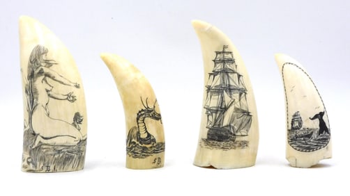 (4) Scrimshaw Whale Teeth